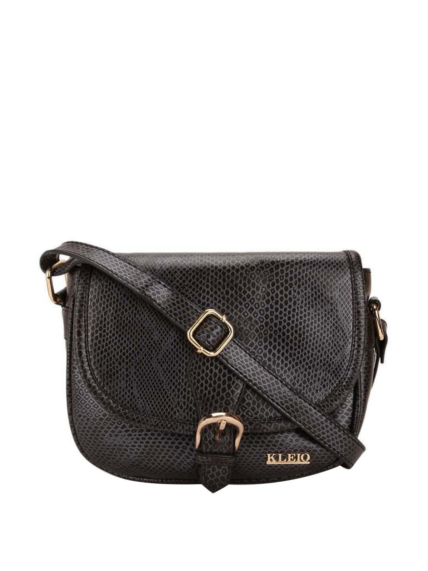 KLEIO Black Textured Medium Sling Handbag