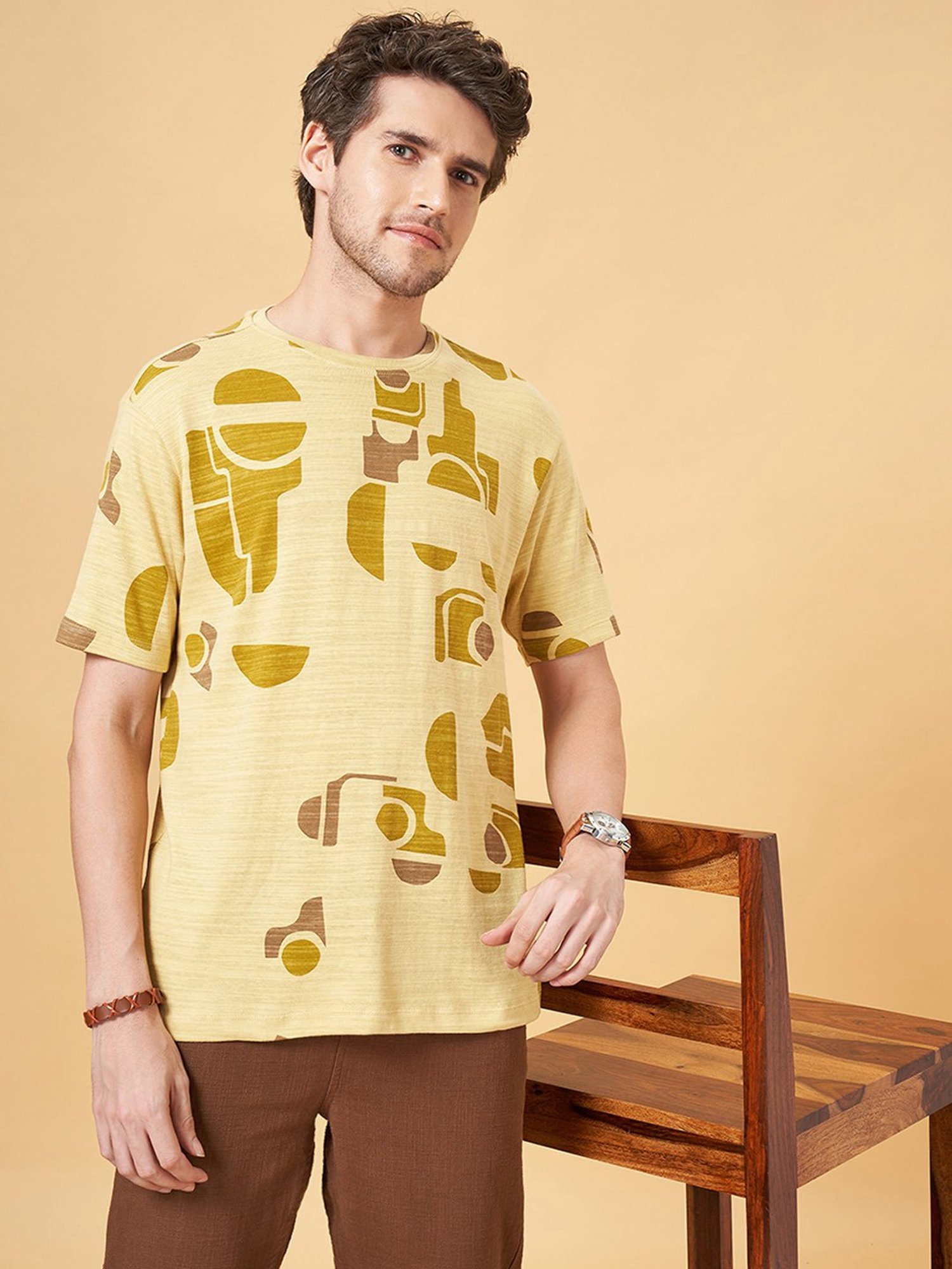 7 Alt by Pantaloons Mustard Relaxed Fit Printed Crew T-Shirt