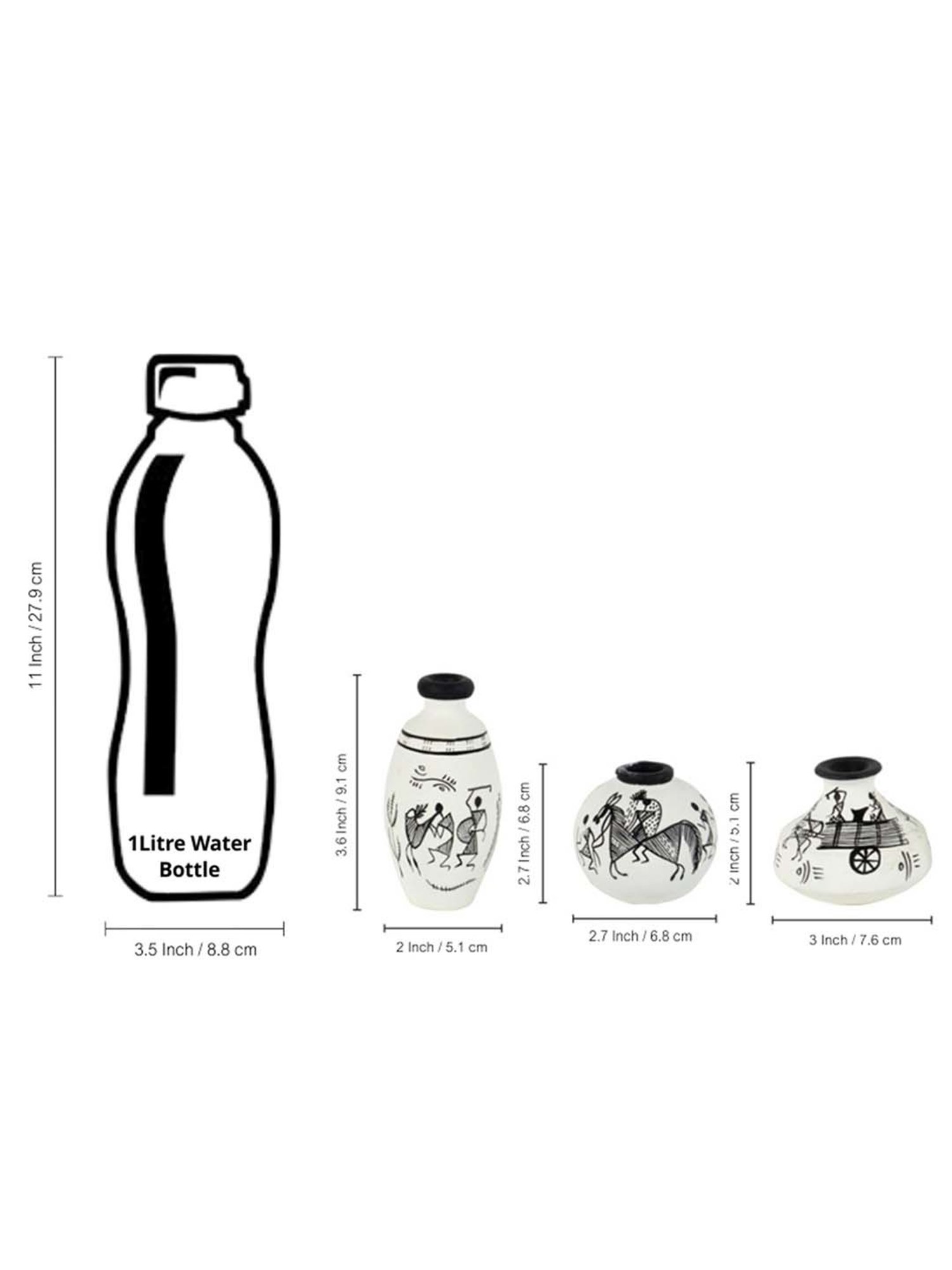 ExclusiveLane Terracotta Warli Handpainted Miniature White Pots Showpieces (Set Of 3)