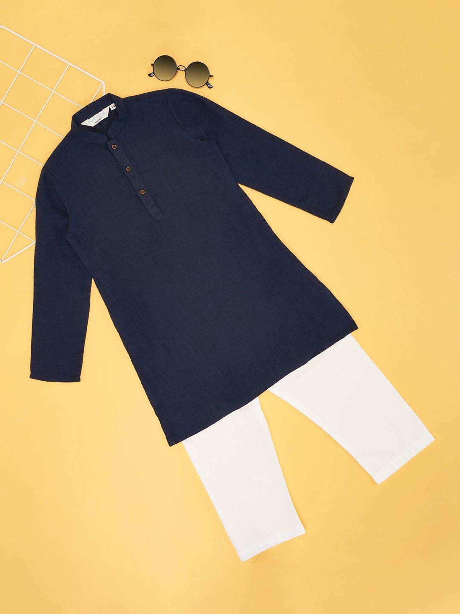 Fourfolds Boys Blue & White Solid Full Sleeves Suit Set