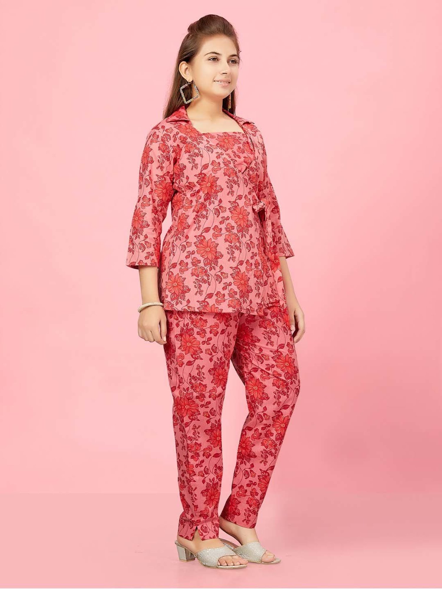Aarika Kids Red Cotton Floral Print Top Set