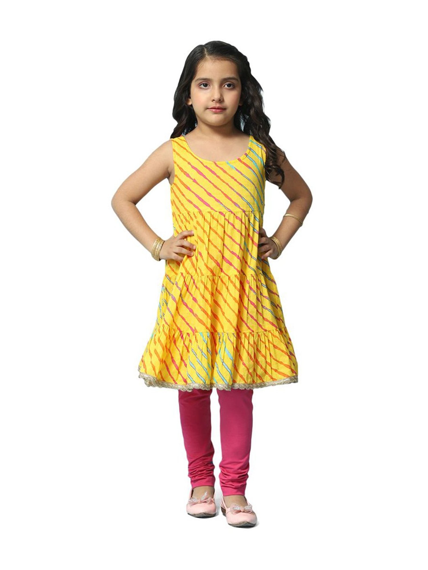 BIBA Girls Pink & Yellow Cotton Embroidered Kurta Set
