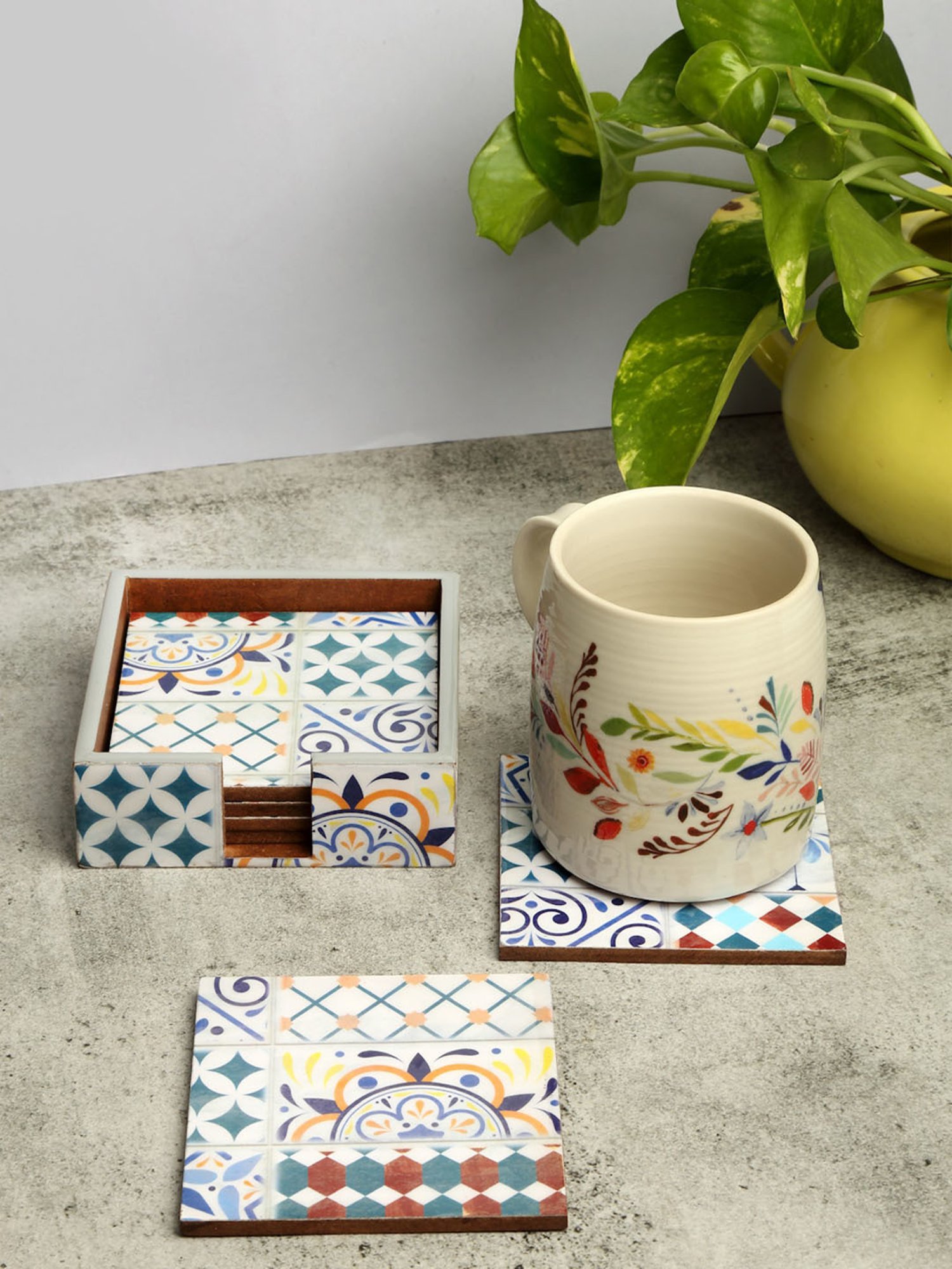 Crayton Hexagon Beige Geometric MDF Coaster - Set of 4