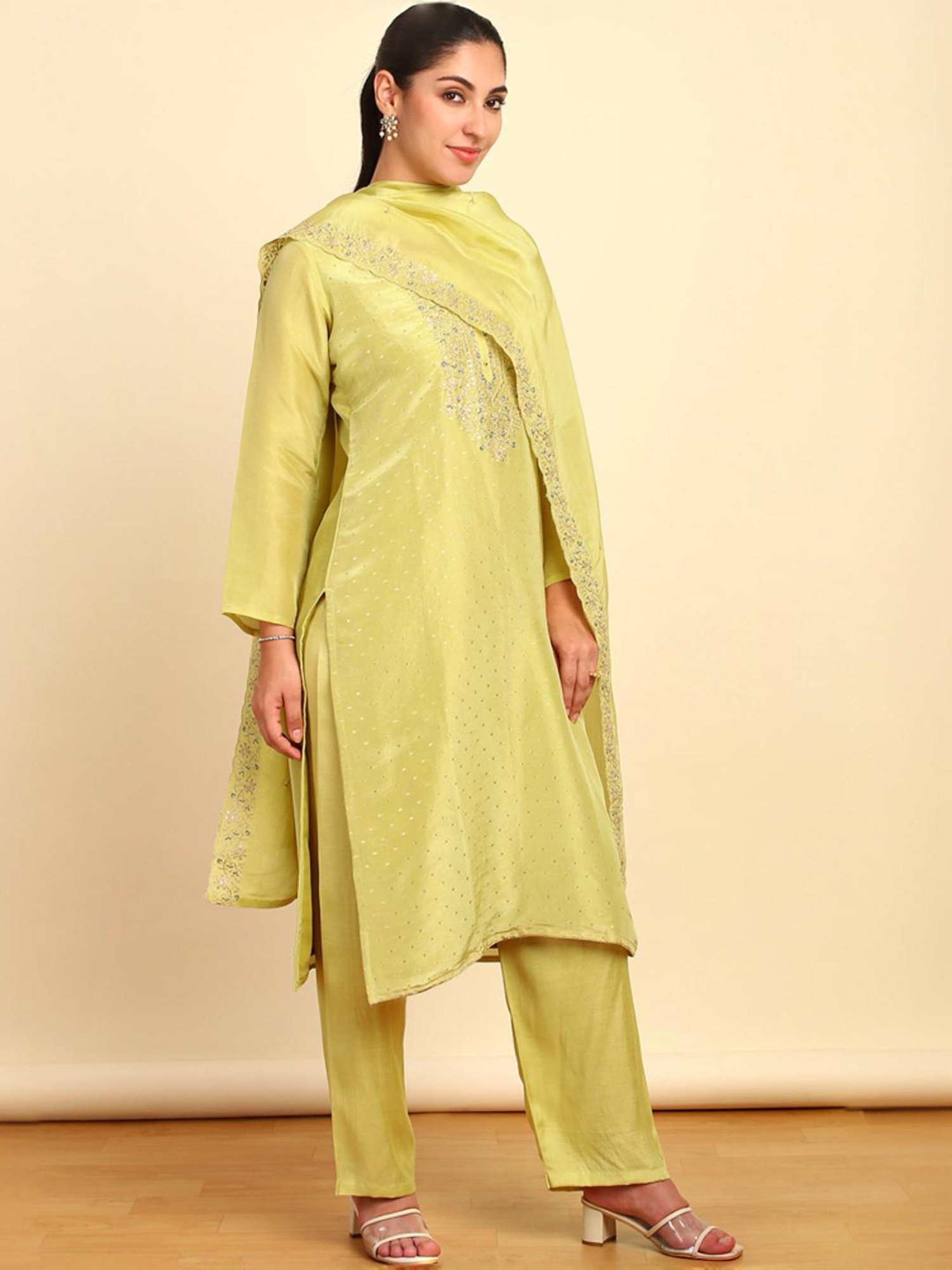 Soch Womens Light Green Silk Blend Embroidered Unstitch Dress Material With Sequins