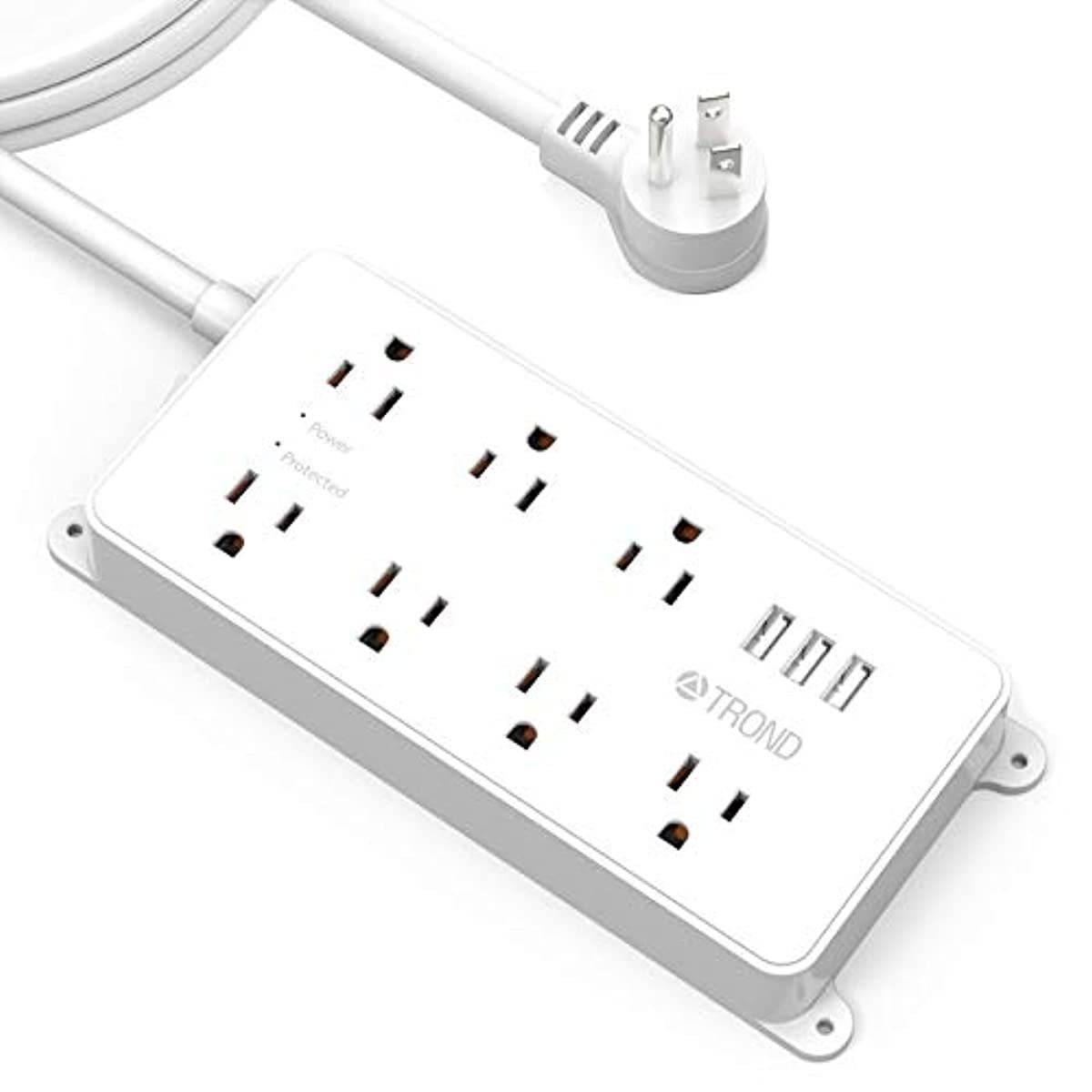 Surge Protector Power Strip Flat Plug, ETL Listed, TROND Wall Mountable Extension Cord Long 10ft, Low-Profile, 7 Widely-Spaced Outlets & 3 USB Ports, 1700 Joules, White