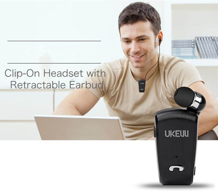 Retractable Wireless Bluetooth Earbud Headset with Built-in Microphone - White