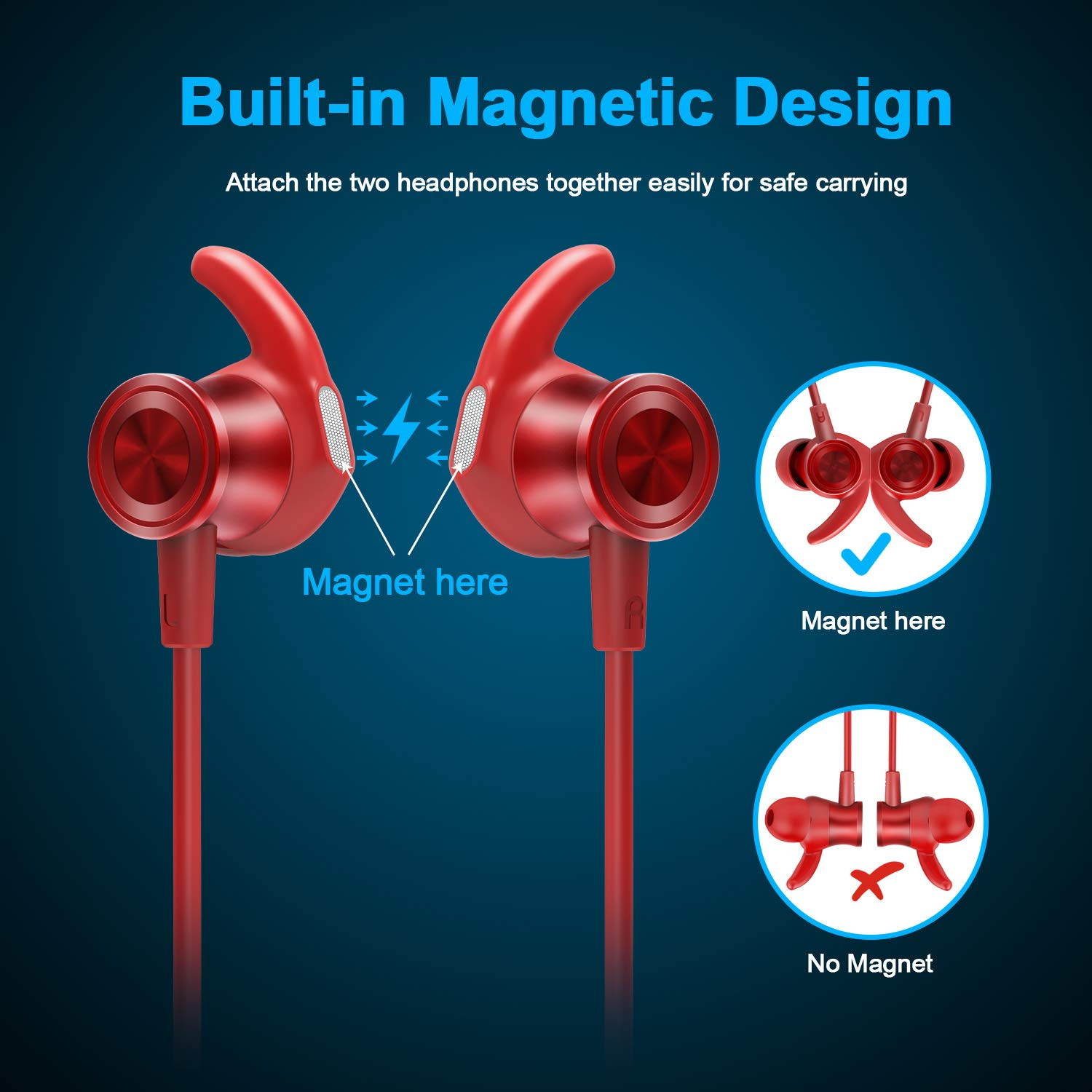Bluetooth Headphones, Lightweight Wireless Earbuds with Magnetic Connection, IPX5 Water Resistant Bluetooth 5.0 Sports Earphones for Running, Built-in Mic, 8 Hrs Work Time Built-in magnets