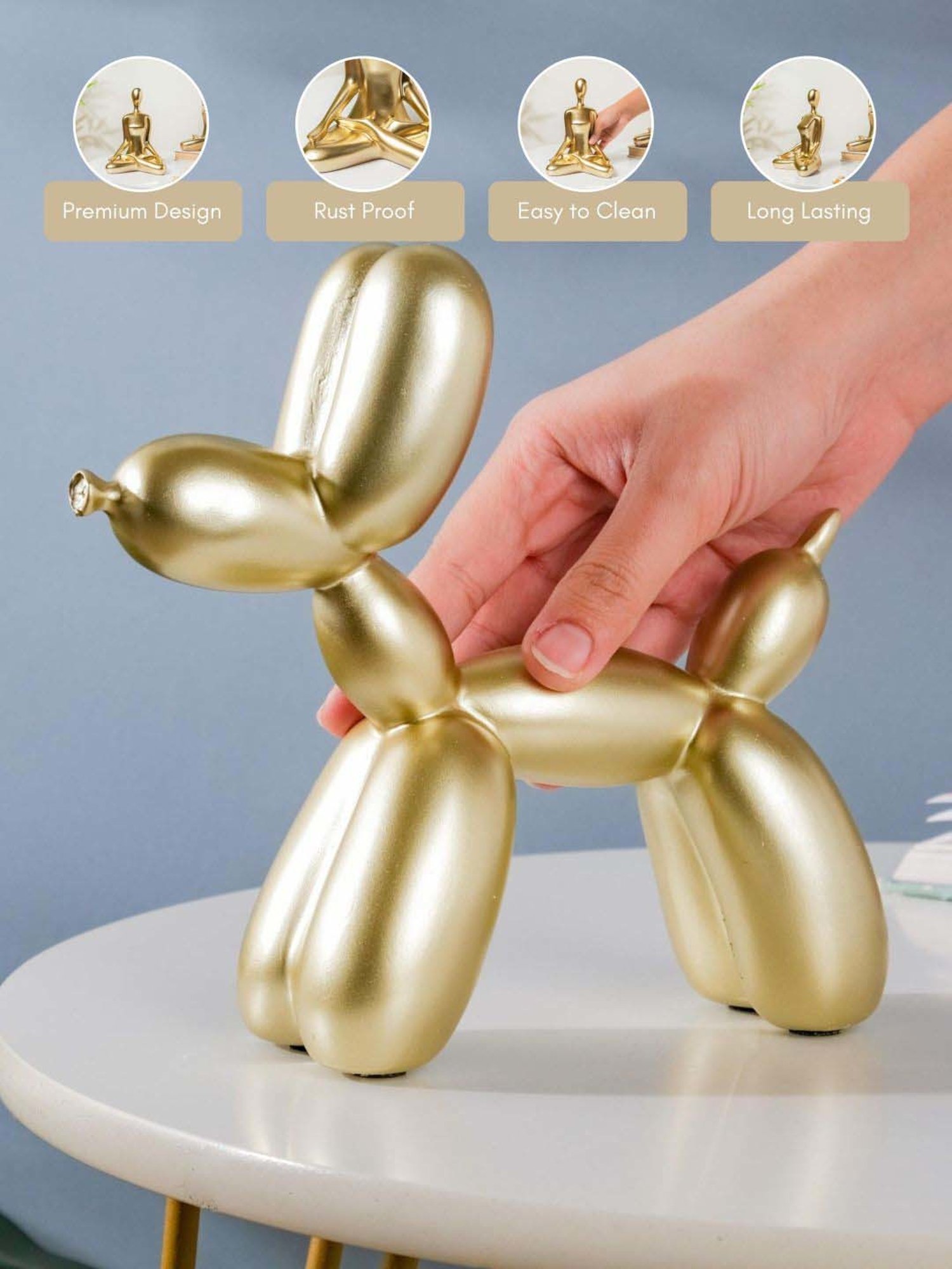 Nestasia Artisanal Resin Made Shining Golden Twisted Balloon Art Dog Sculpture For Home Decoration