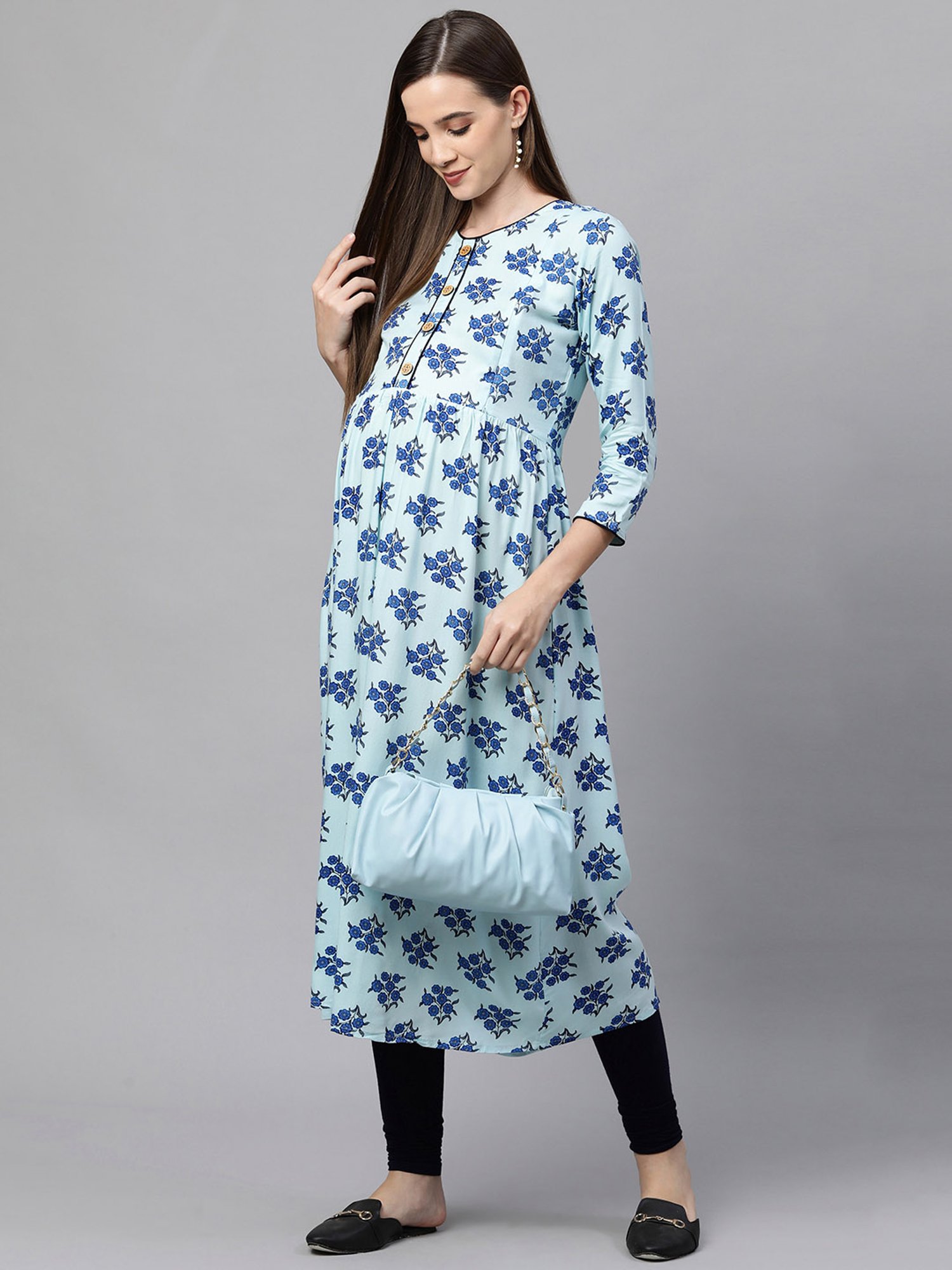 MomToBe Turquoise Printed Maternity Kurta