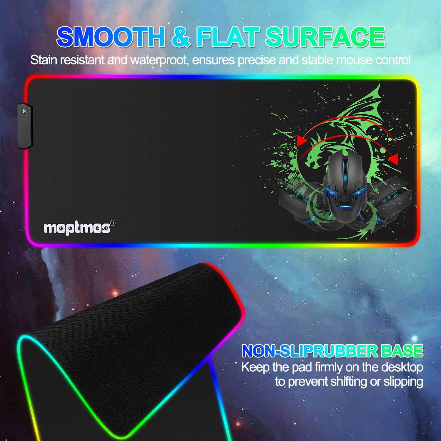 RGB Gaming Mouse Pad, Soft Extra Large LED Mouse Pad with 15 Lighting Modes,Anime Dragon Mouse Pad Mat,Smooth Surface Waterproof Gamer Mouse Pad for Computer 31.5 X 12 Inch (Green)