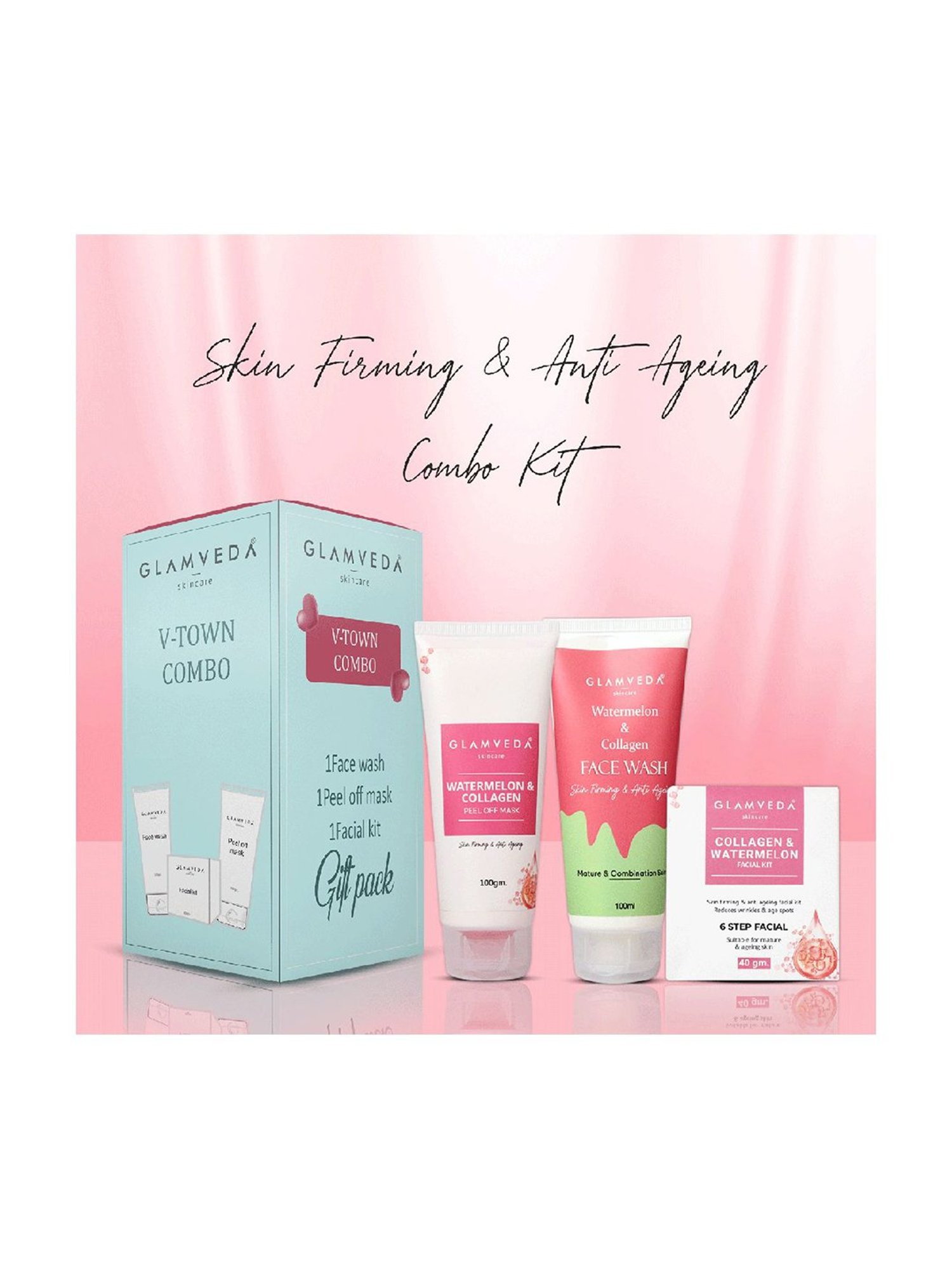Glamveda Watermelon & Collagen Face Wash, Facial Kit and Peel Off Mask Combo