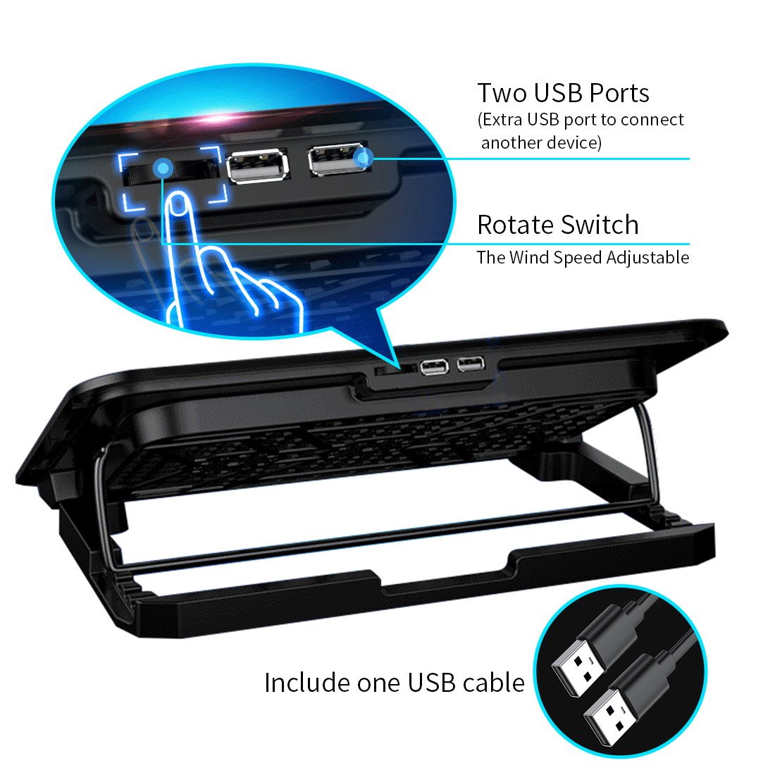 ICE COOREL Laptop Cooling Pad, Laptop Cooler Stand with 6 Quiet Cooling Fans and 5 Height Adjustable, Cooling Pad for Laptop 15.6 14 13 Inch, Dual USB 2.0 Ports, The Wind Speed Adjustable