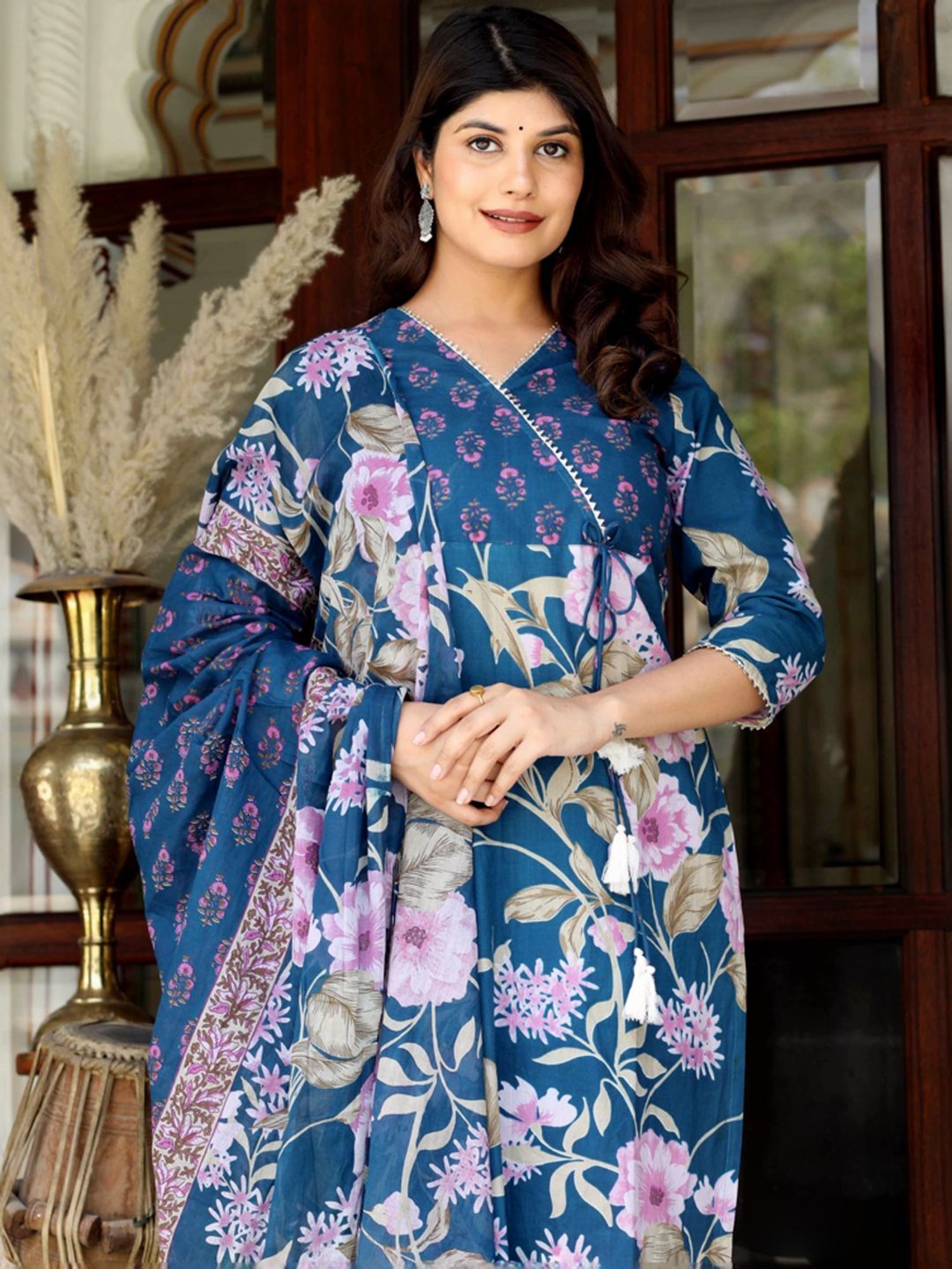 Miravan Blue Cotton Floral Print Kurta Pant Set With Dupatta