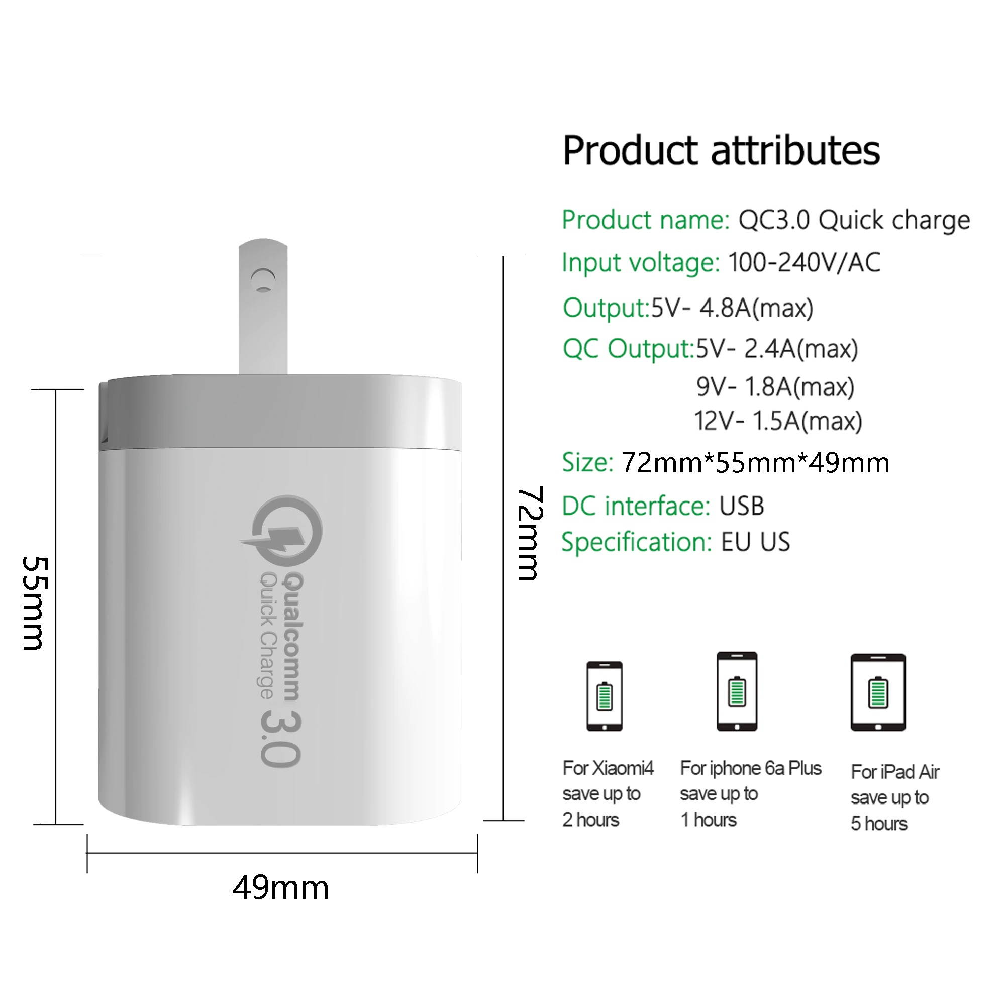 3 Port USB Charger Wall Charger QC3.0 Quick Charger EU US Plug Charging Adapter Phone Charger For Xiaomi Huawei Samsung