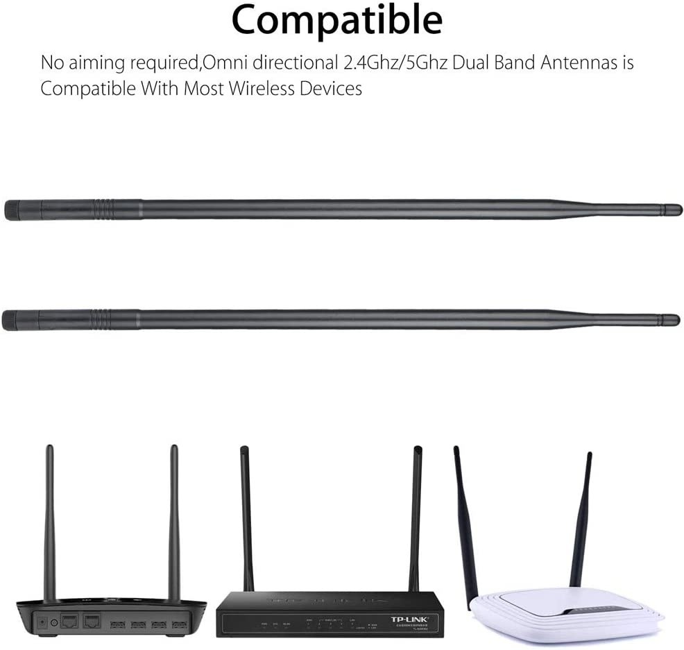WiFi Bluetooth Antenna 2X 10dBi Dual Band Omni Directional Antenna 2.4Ghz/5Ghz with RP-SMA Male Connector for Wireless Wi-Fi Router Network Devices PC Camera Thinkcentre