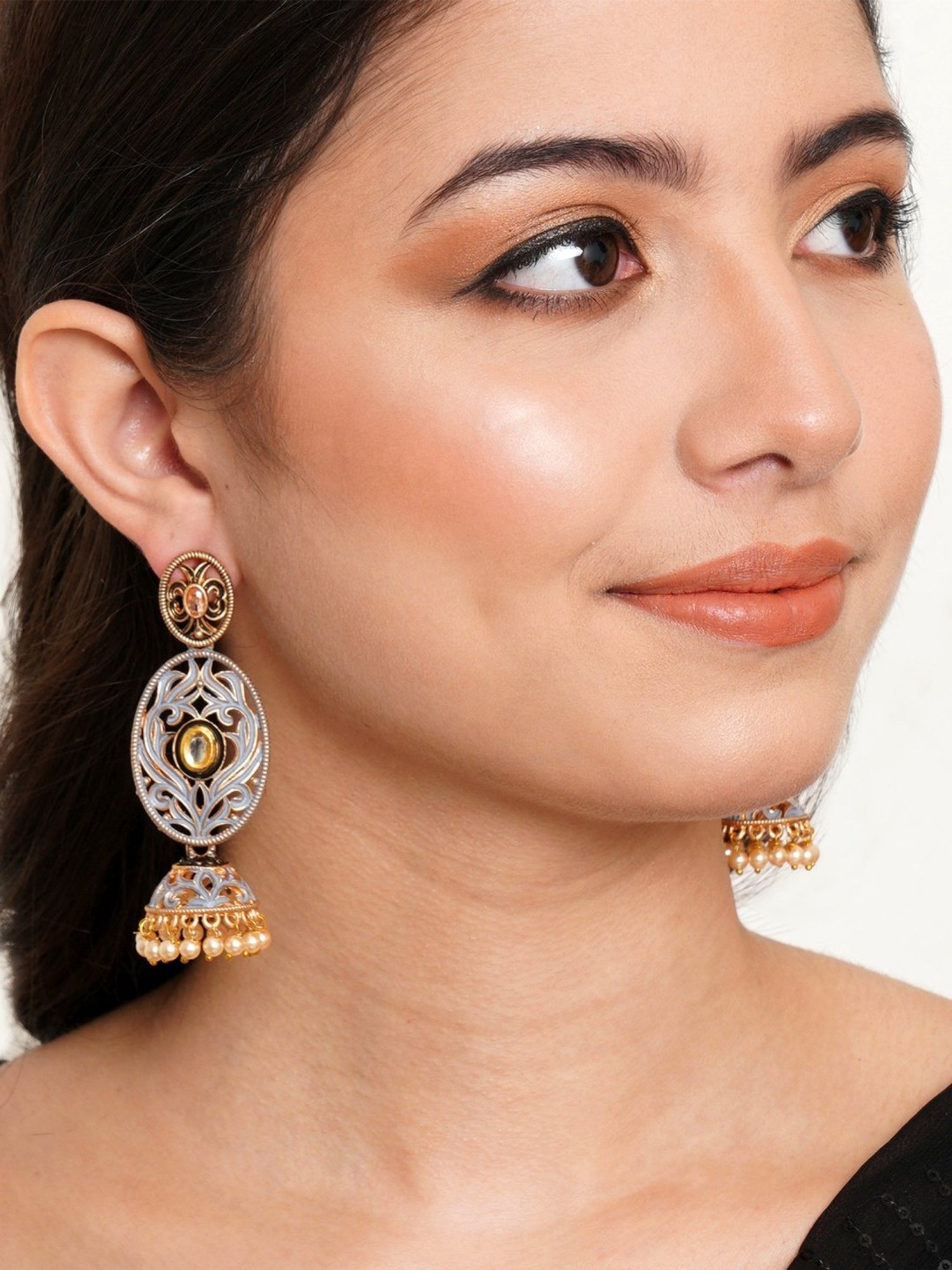 Karatcart Gold-Plated Grey Meena Dangler Jhumki Earrings for Women