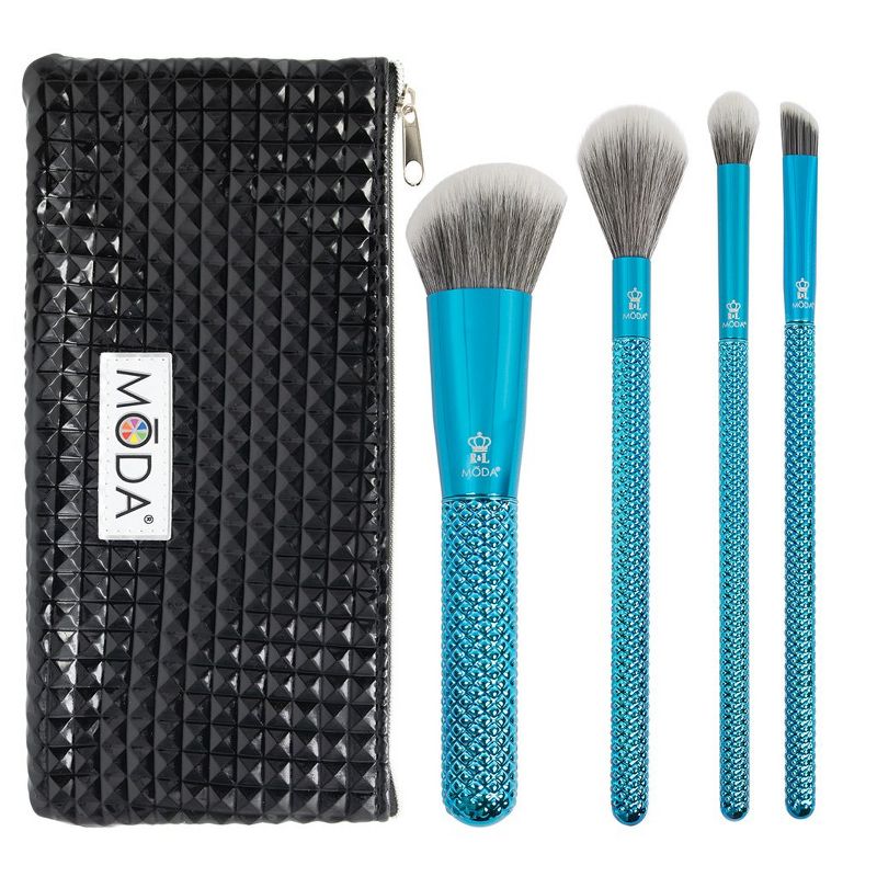 MODA Brush Metallics 5pc Defining Detailers Blue Makeup Brush Set with Black Studded Zip Case, Includes - Angle Blender, Diffuser, Crease and Triad Eye Brushes