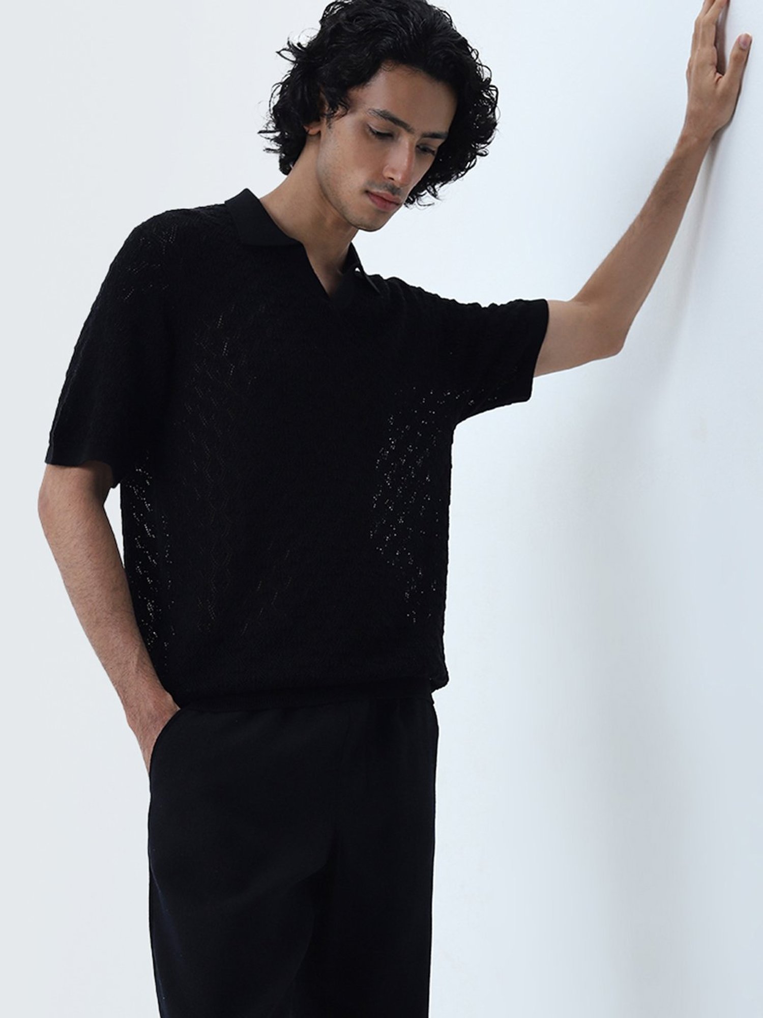 ETA by Westside Black Knitted Slim-Fit Cotton T-Shirt