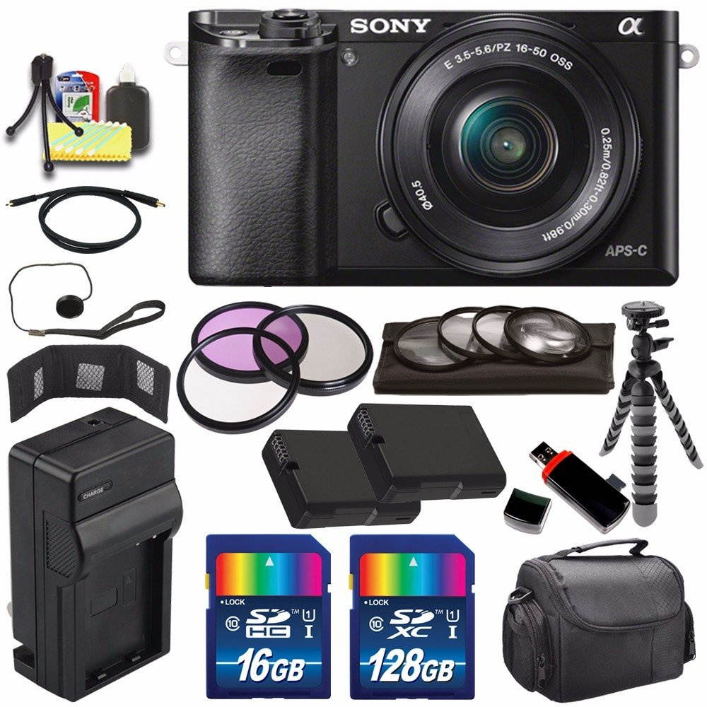 Sony Alpha a6000 Mirrorless Digital Camera with 16-50mm Lens (Black) + Battery + Charger + 144GB Bundle 7 - International Version (No Warranty)