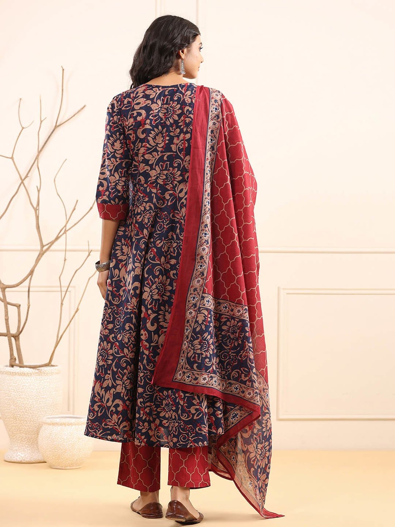 Rain and Rainbow Navy & Maroon Cotton Floral Print Kurta With Pant & Dupatta