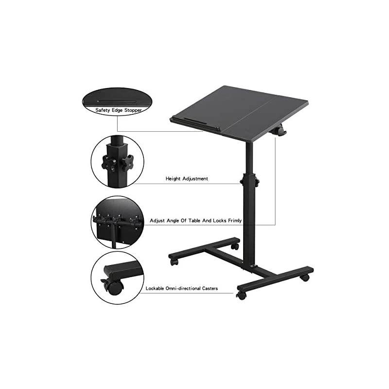 Overbed Bedside Desk Mobile Rolling Laptop Stand Tilting Overbed Table with Wheels Height Adjustable Tray Table for Laptop Bed Sofa Side Table Black