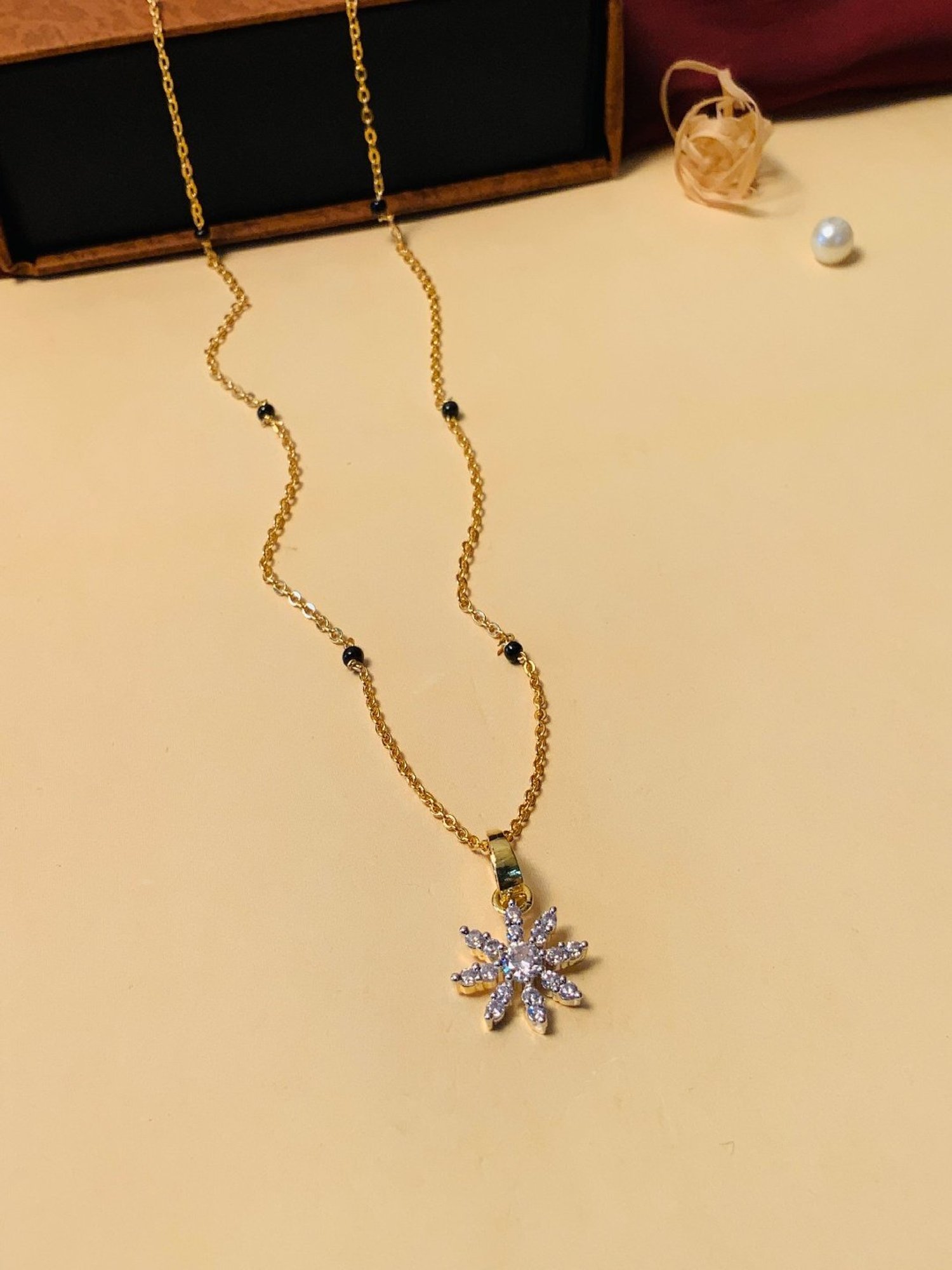 Abdesigns Gold-Plated American Diamond & Black Beaded Mangalsutra