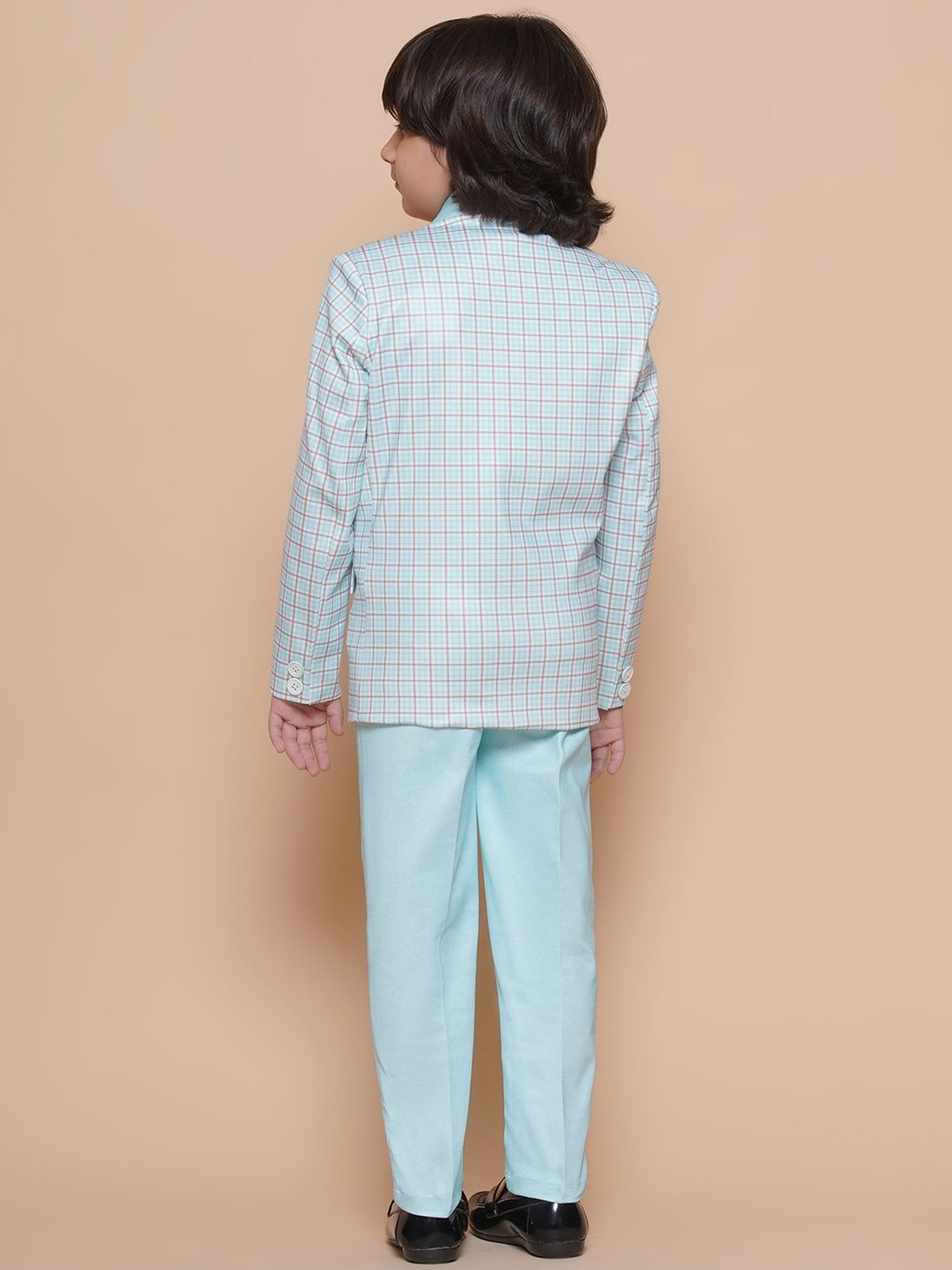 AJ Dezines Kids Sky Blue Checks Full Sleeves Shirt, Pants, Coat, Waistcoat with Tie