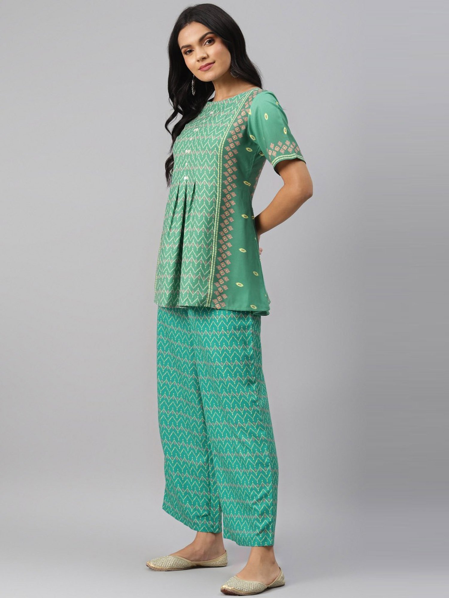 Ziyaa Green Printed A Line Kurti