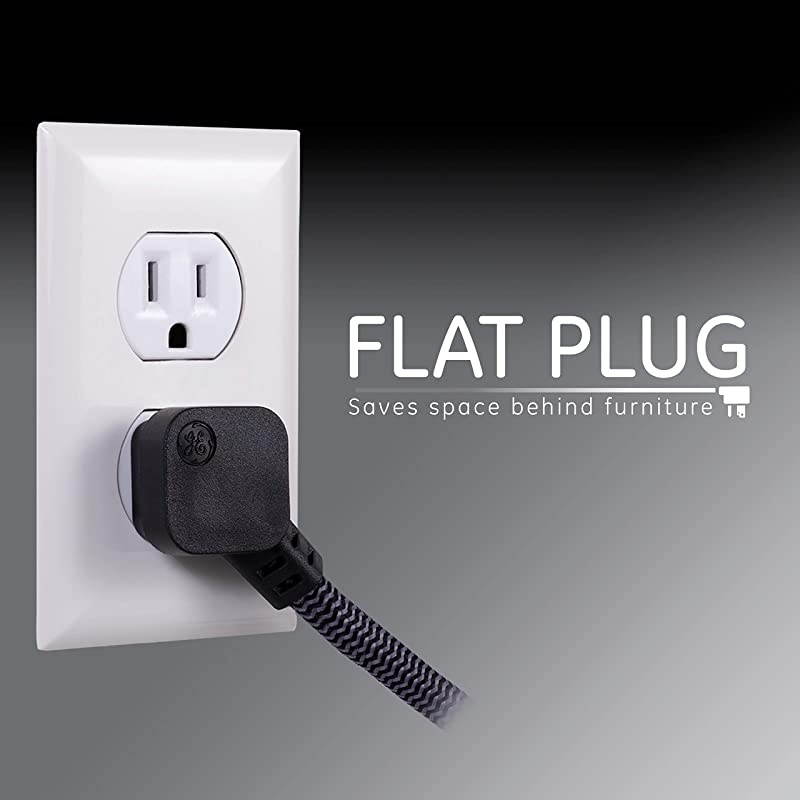 Designer Extension Cord with Sur Protection Braided Power Cord 15 ft 3 Grounded Outlets Flat Plug Premium BlackGrey 44237