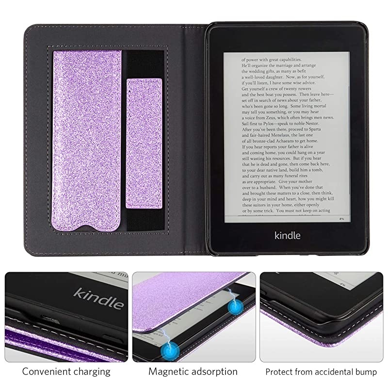 Kindle Paperwhite Case with Stand Durable PU Leather Smart Cover with Auto Sleep Wake Hand Strap Feature ONLY Fits All New Kindle Paperwhite 10th Generation 2018 ReleasedPurple Glitter