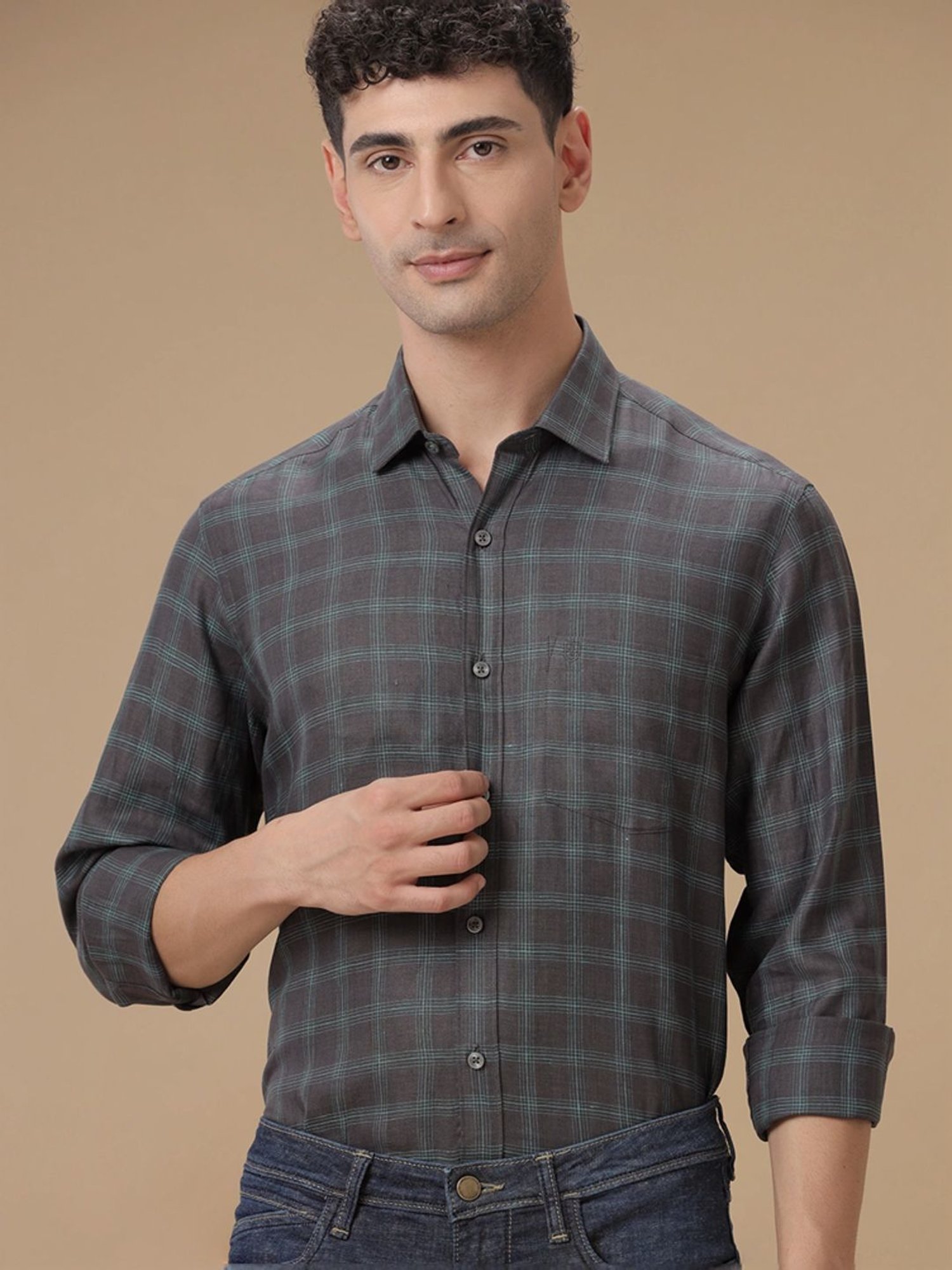 Linen Club Grey Linen Contemporary Fit Checks Shirt