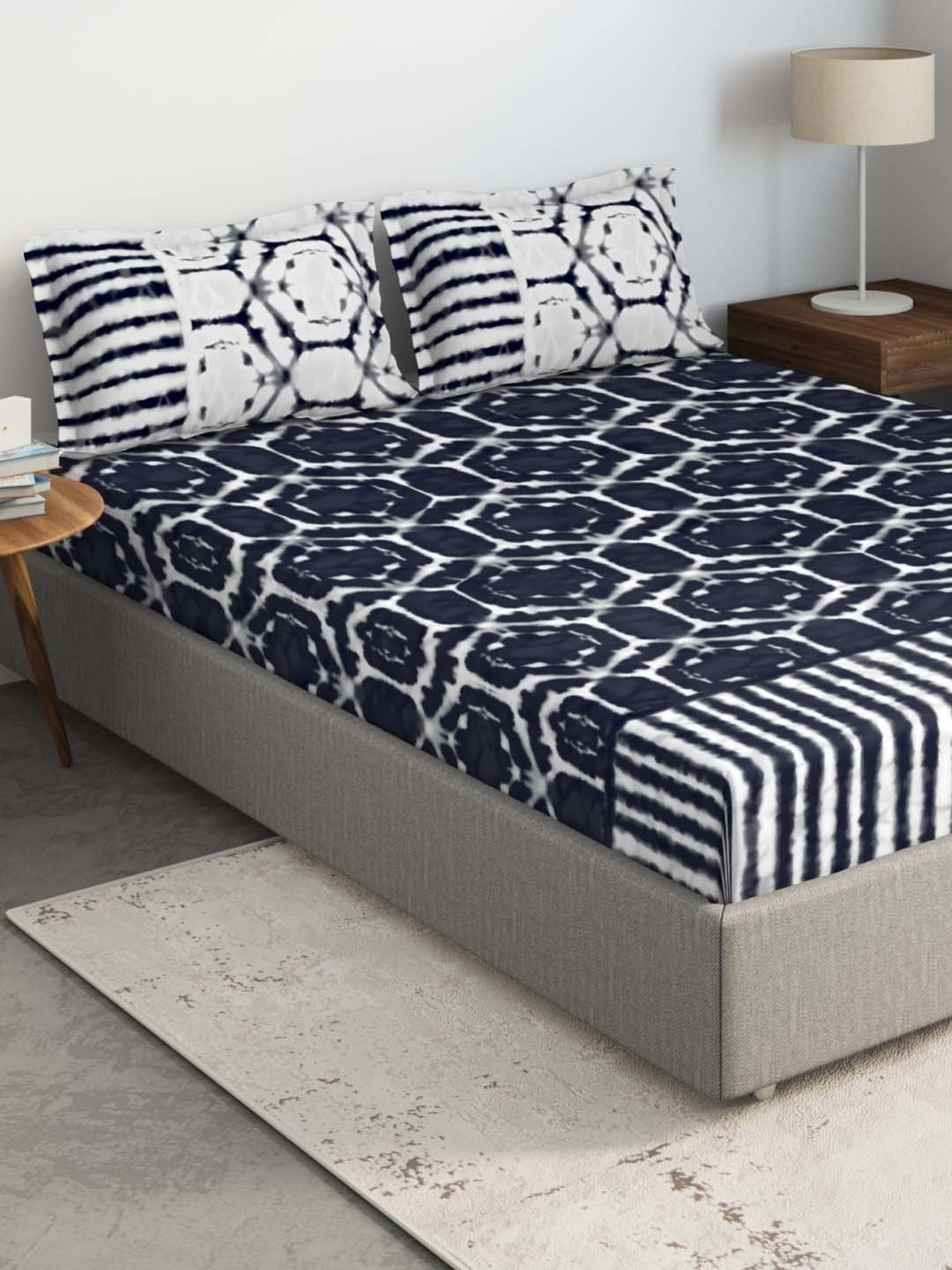 DDecor Bandhani Printed Black 400 TC Cotton Double Bedsheet with 2 Pillow covers