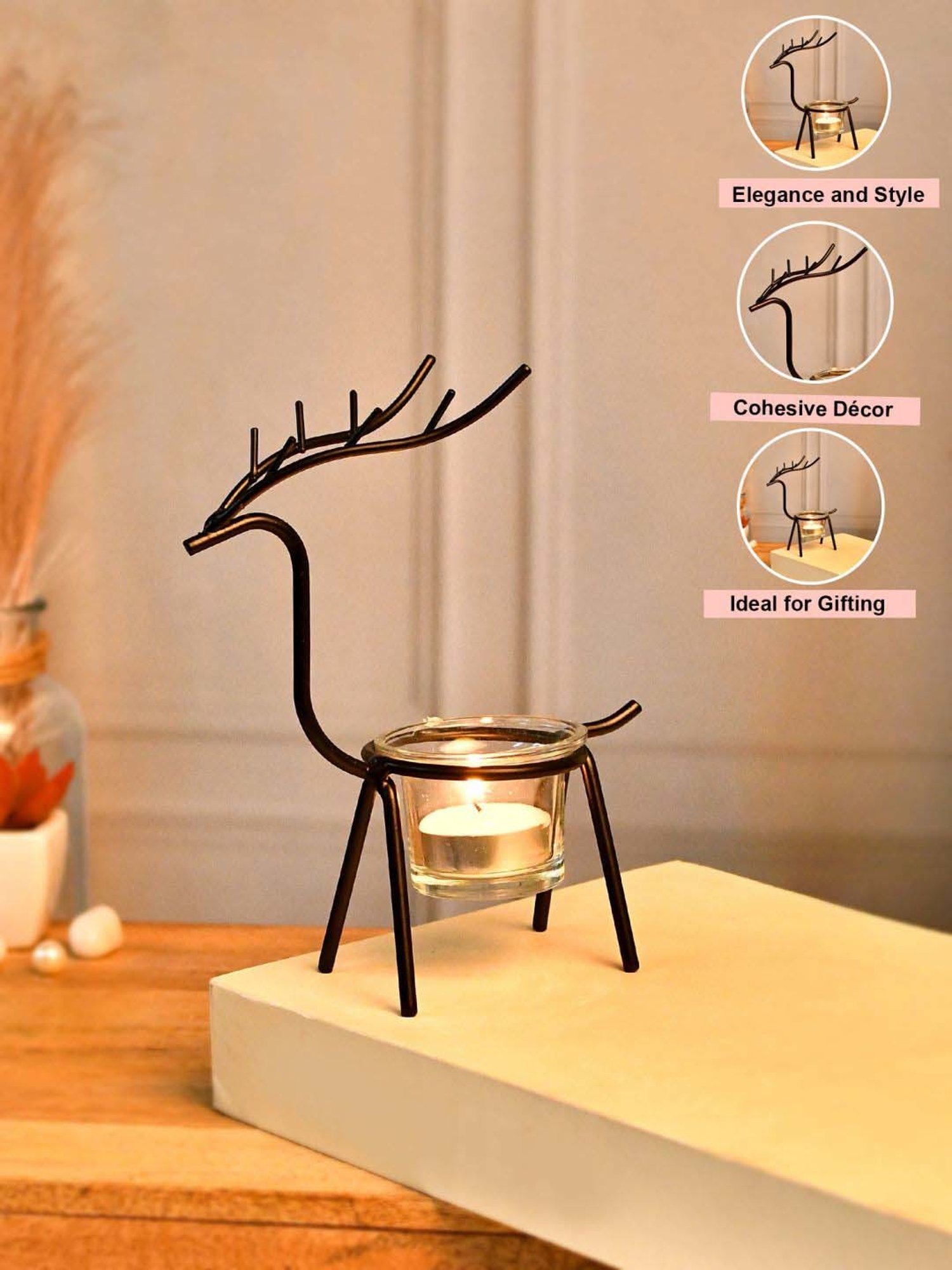 Tayhaa Black & Transparent Metal Reindeer Tealight Candle Holder