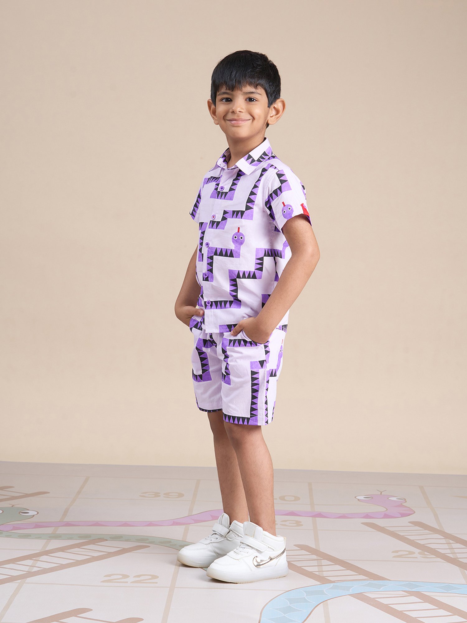 Lil Drama Kids Purple Printed Shirt with Shorts