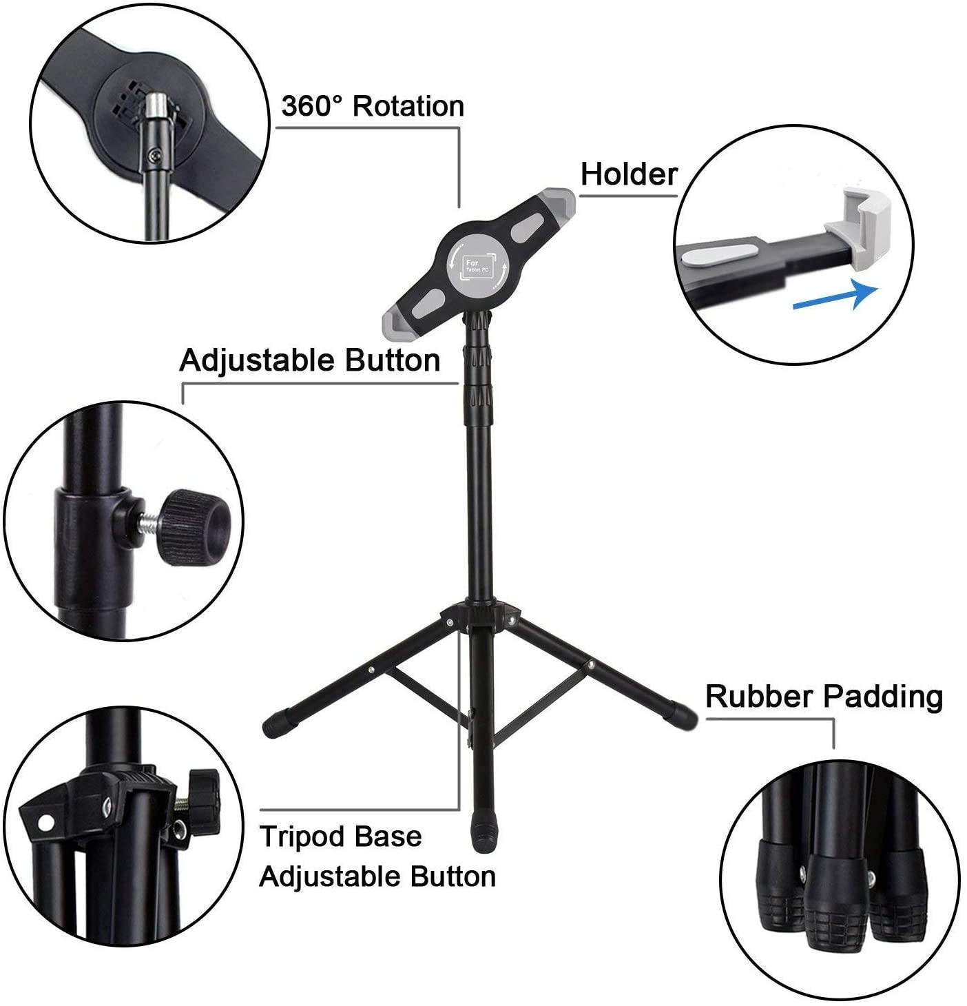 Raking Foldable Floor iPad Tablet Tripod Stand Height Adjustable 25 to 60 Inch Tablet Tripod Mount for iPad Pro 12.9", iPad Air 10.5" and More 10" to 14" Tablets