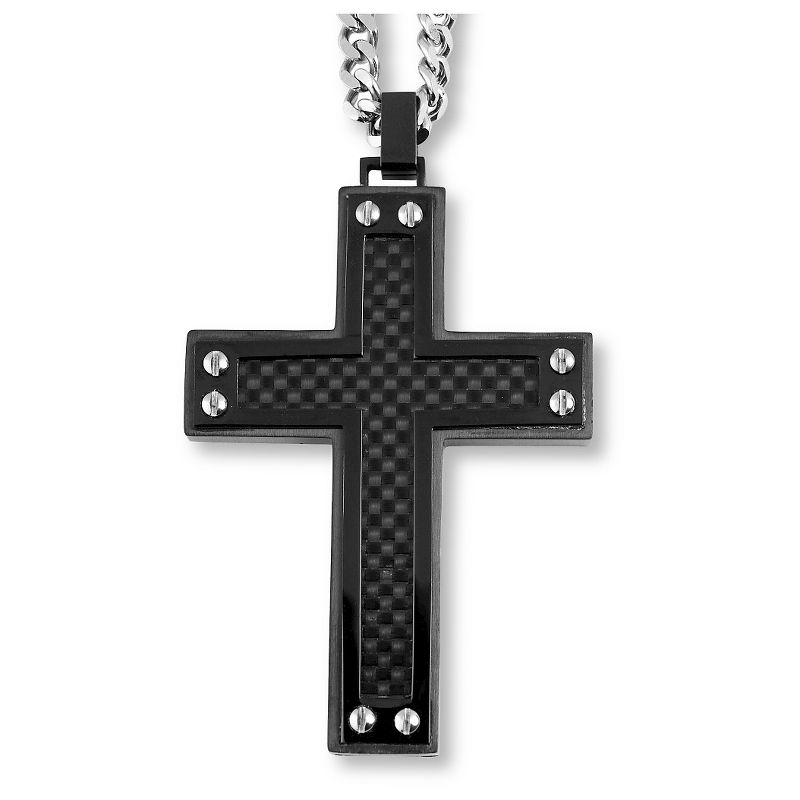 Men's Crucible Blackplated Stainless Steel Black Carbon Fiber Inlay and Screw Accents Cross Pendant
