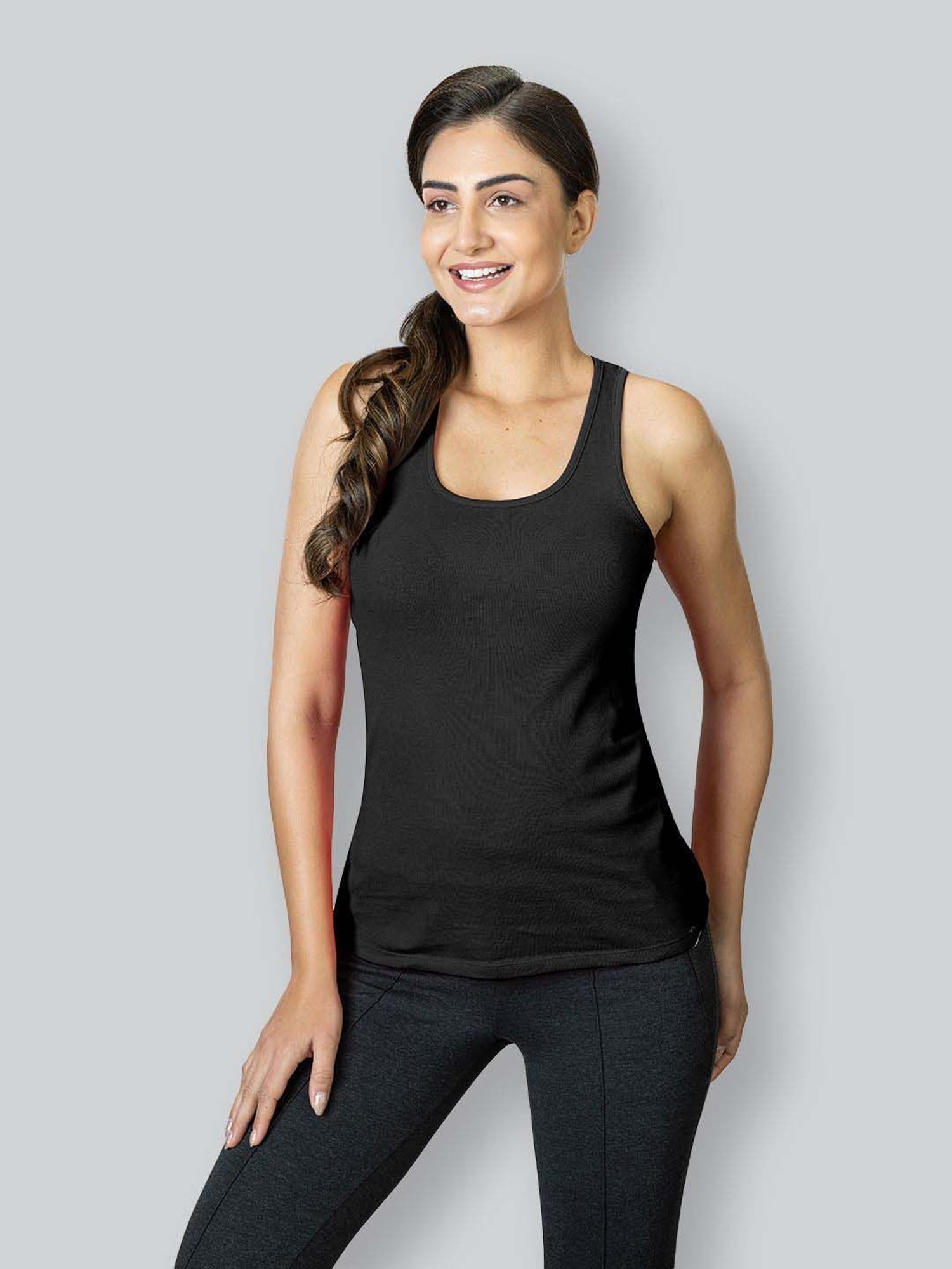 Lyra Black Cotton Plain Tank Top
