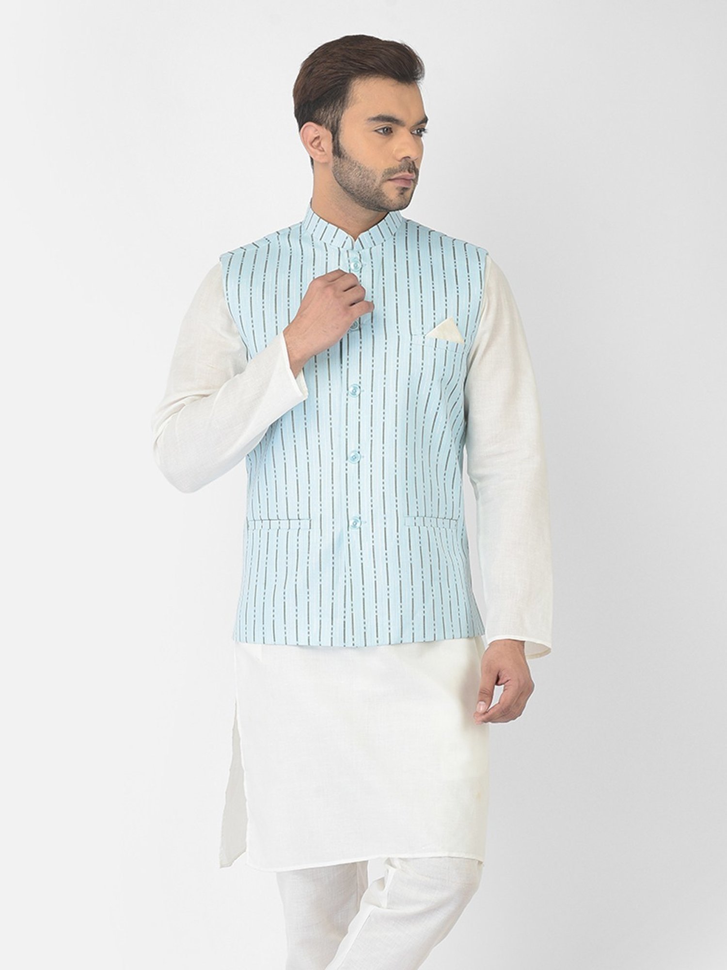 Deyann Blue & White Cotton Regular Fit Striped Kurta Set With Jacket
