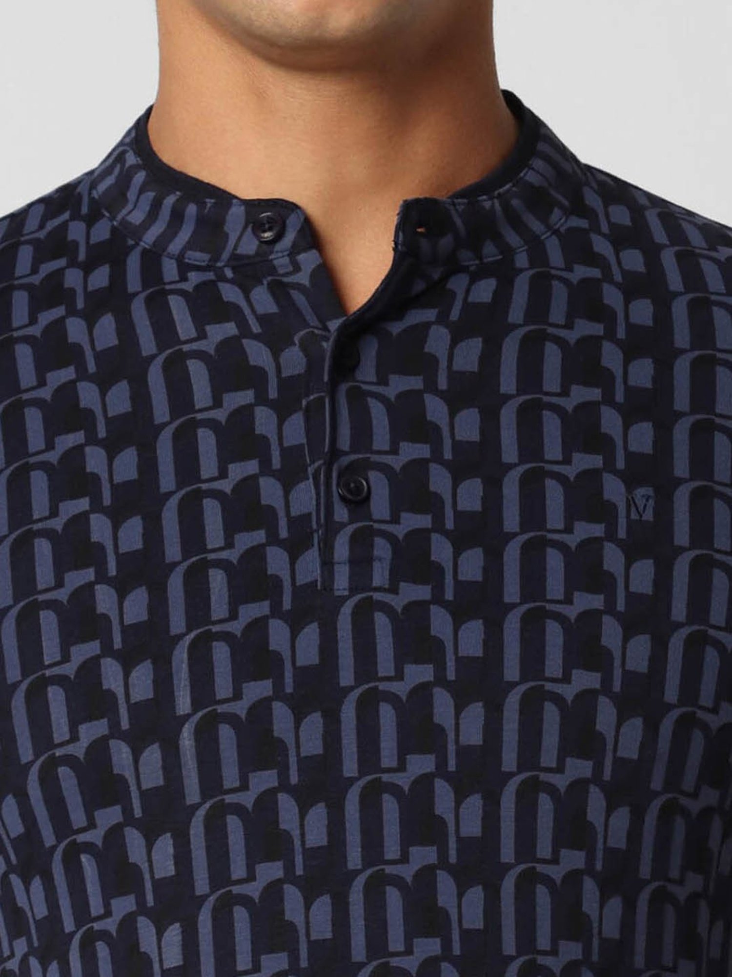 V Dot Navy Cotton Slim Fit Printed Henley T-Shirt