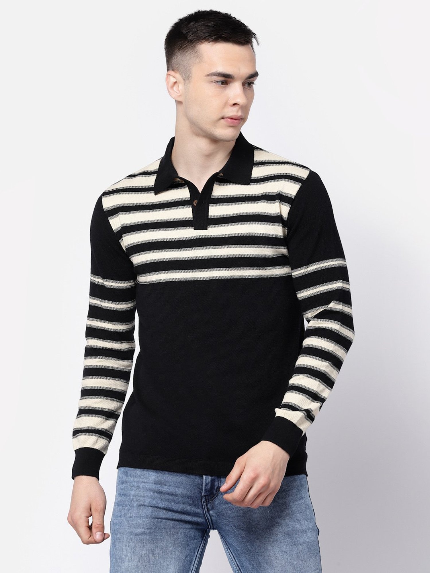 Kalt Black & Cream Regular Fit Striped Polo T-Shirt
