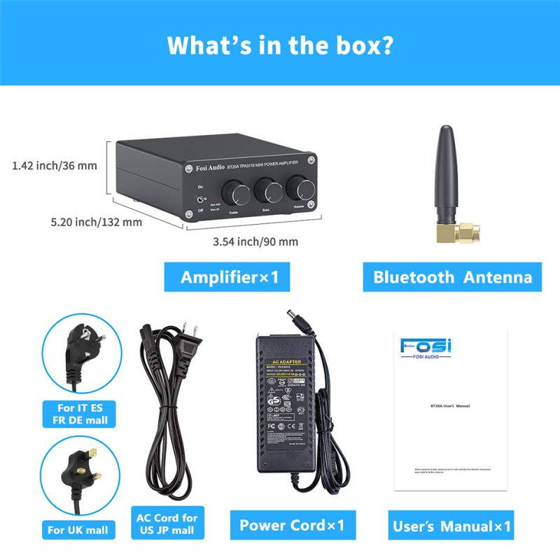 BT20A(Black) Bluetooth 5.0 Stereo Audio 2 Channel Amplifier Receiver Mini Hi-Fi Class D Integrated Amp 2.0CH for Home Speakers 100W x 2 with Bass and Treble Control TPA3116 (with Power Supply)