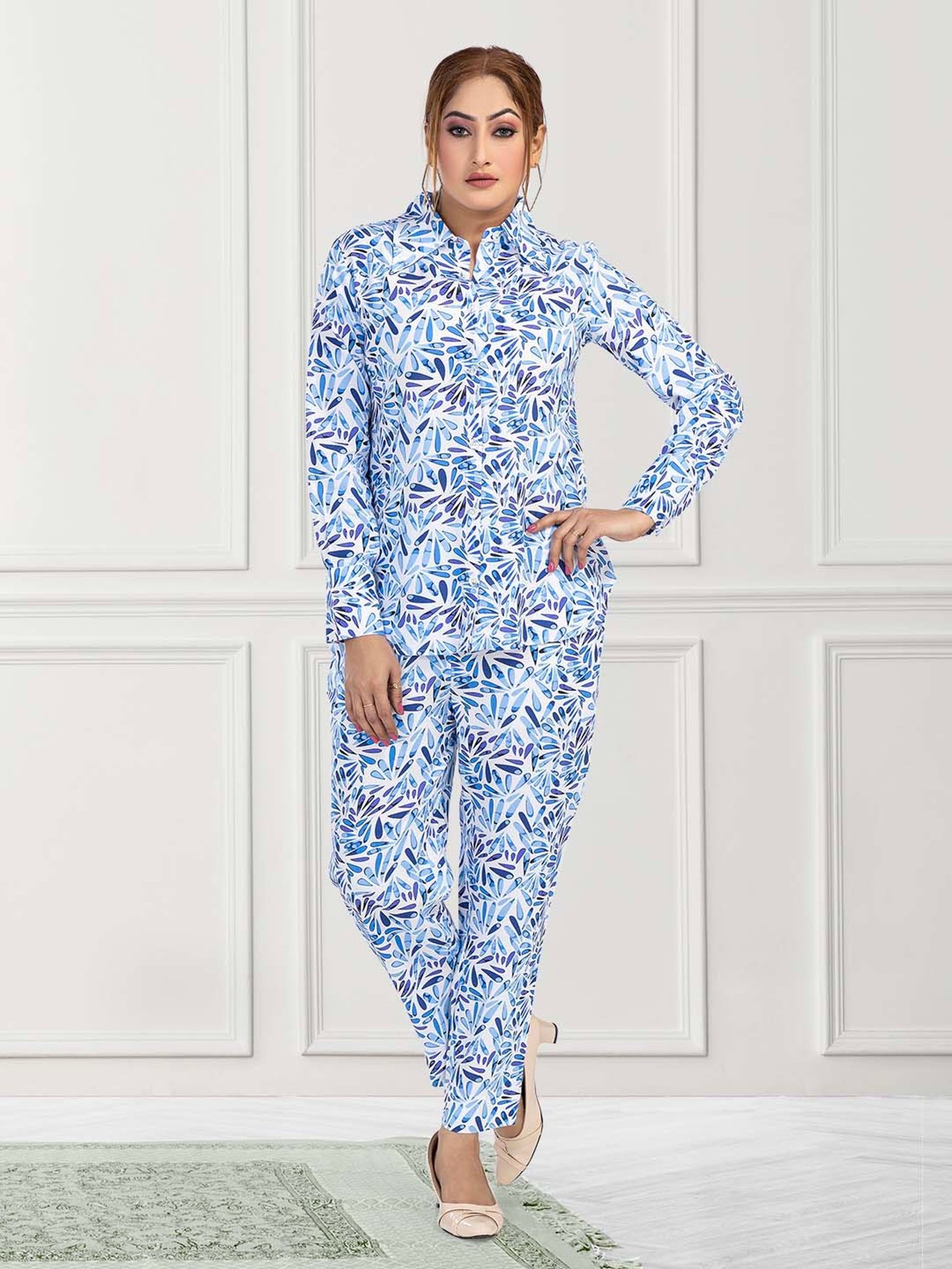 Nino Bambino White & Blue Printed Shirt With Pants