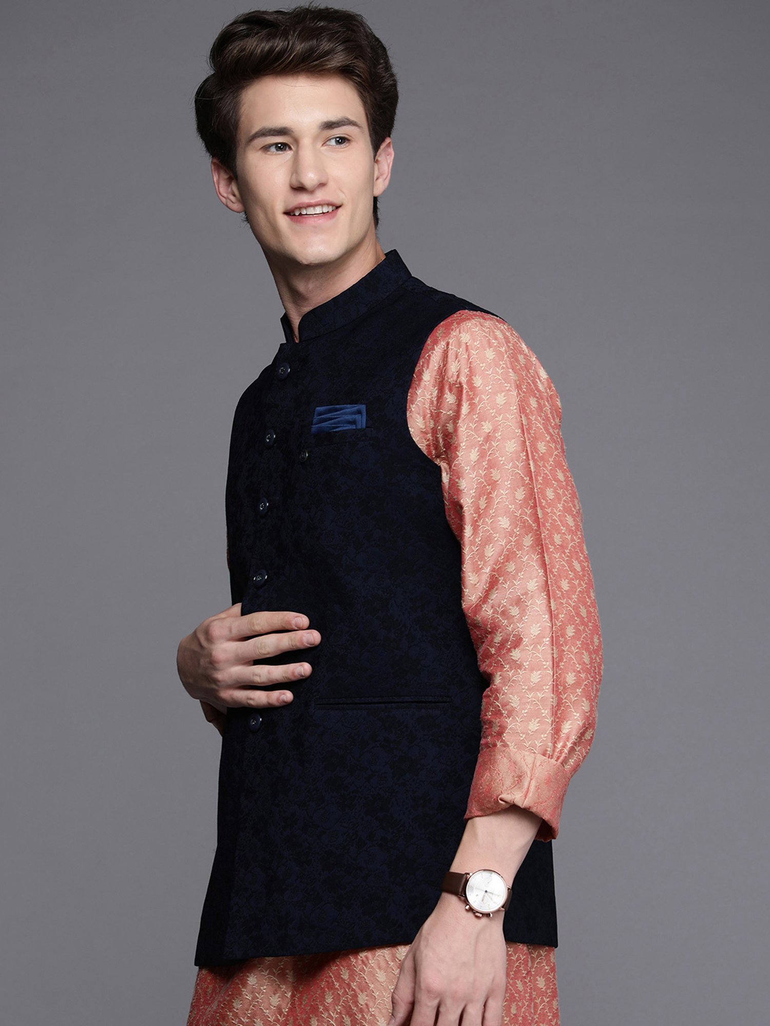 Manyavar Blue Regular Fit Self Design Nehru Jacket