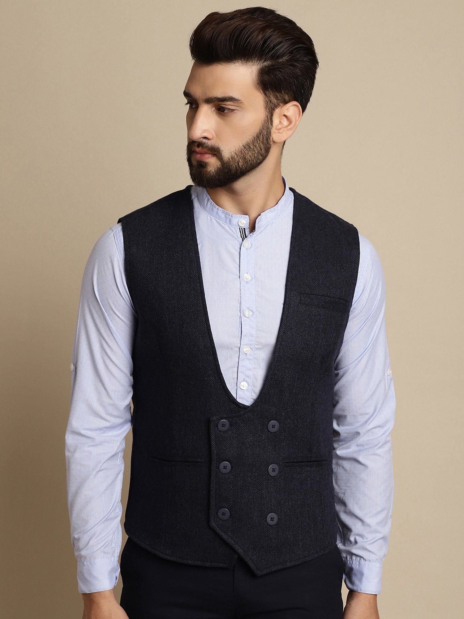 Even Navy Regular Fit Herringbone V Neck Waistcoat