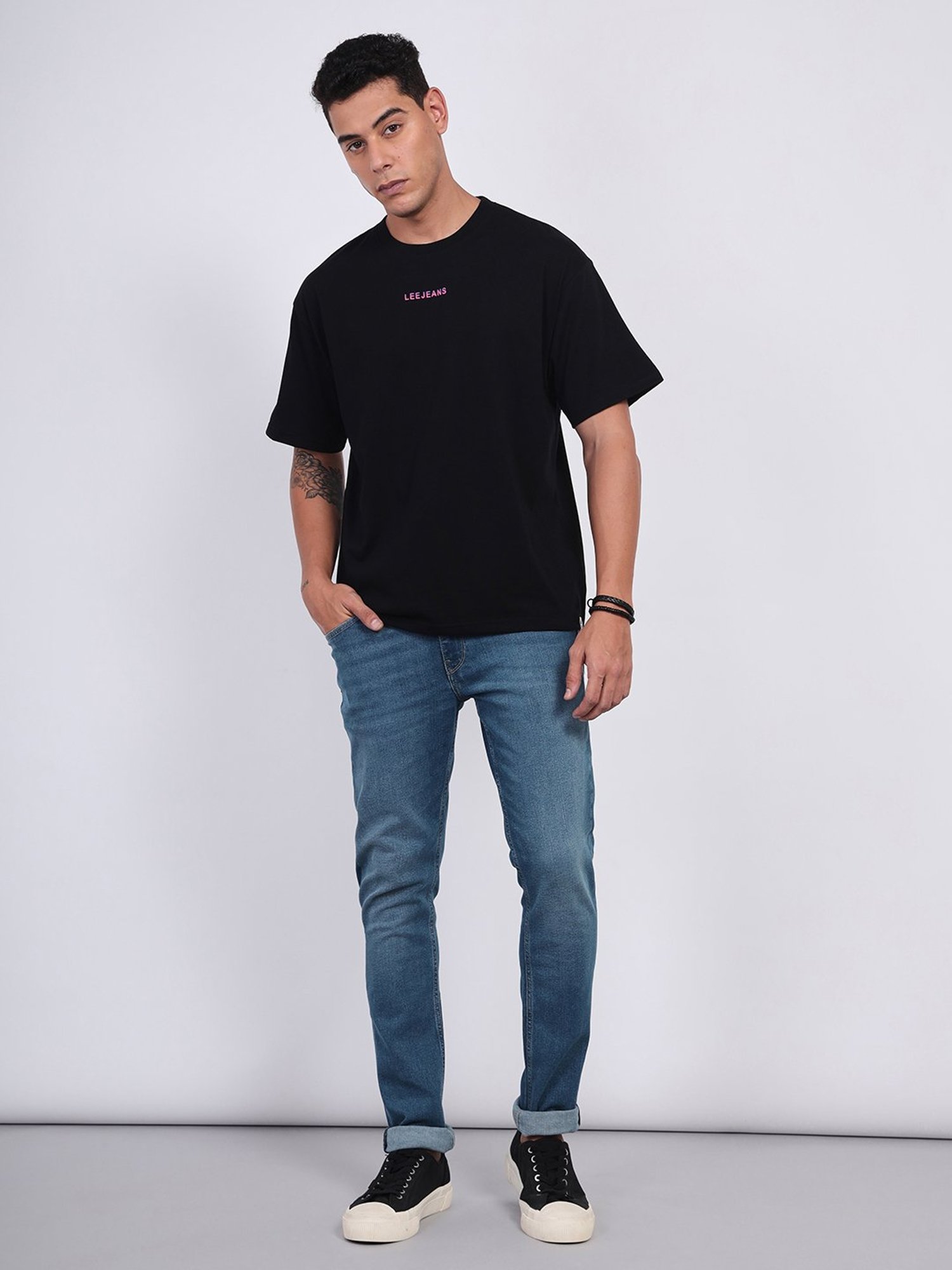 Lee Black Loose Fit Printed Cotton Oversized Crew T-Shirt