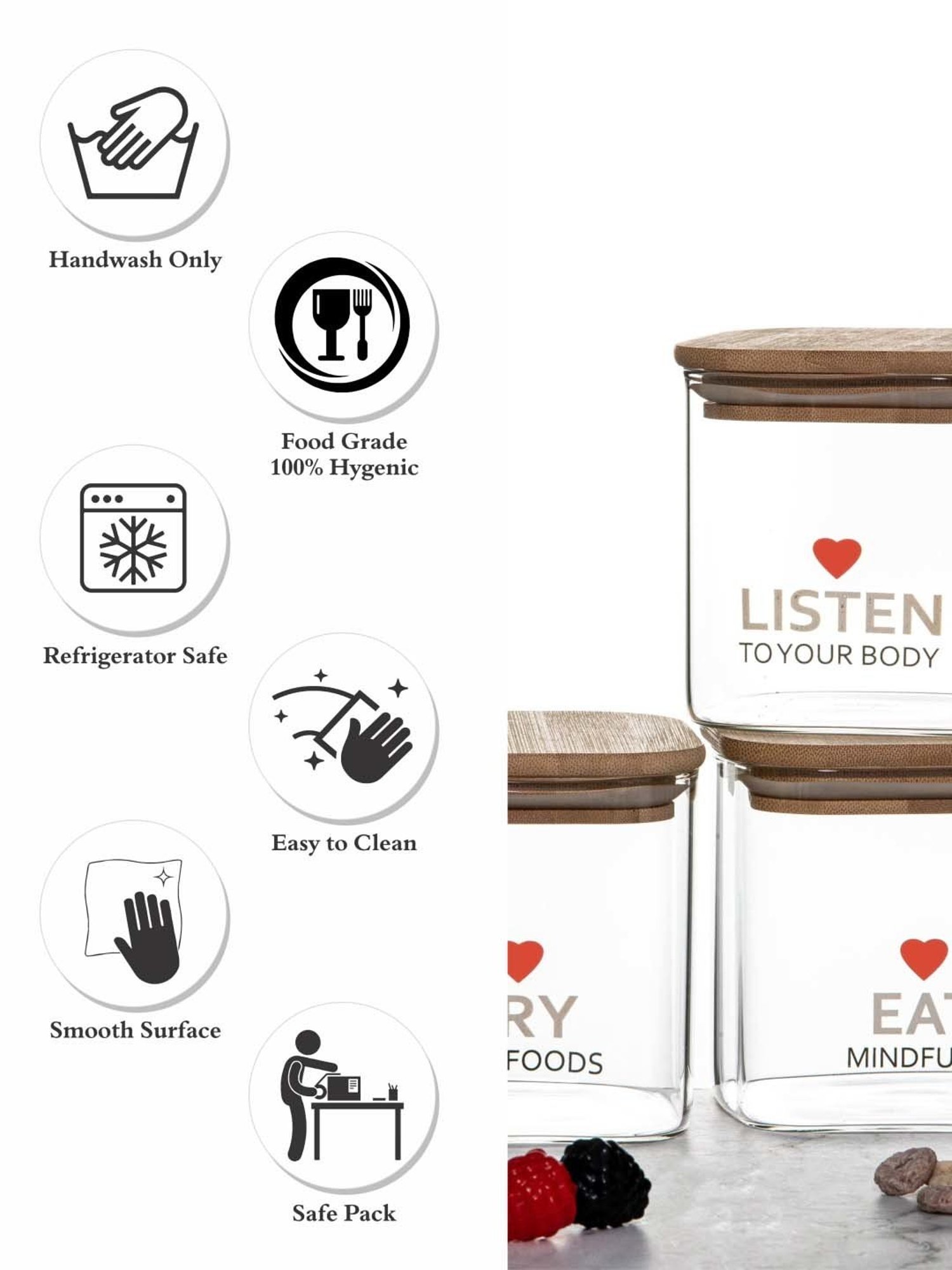 Goodhomes Transparent Glass Storage Jar With Straw & Wooden Lid (0.75 L) - Set of 3