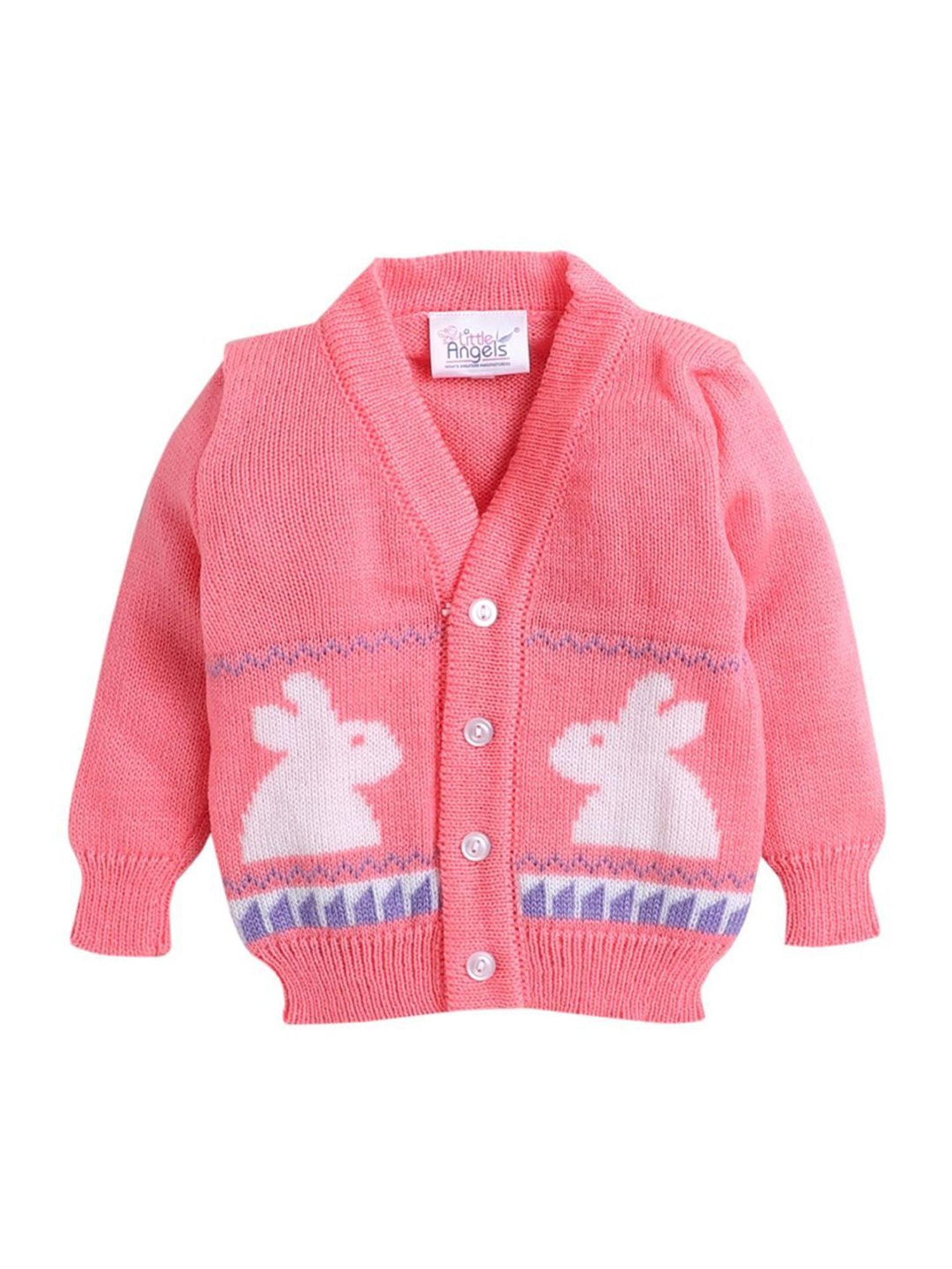 Little Angels Kids Pink & White Printed Full Sleeves Sweater Set