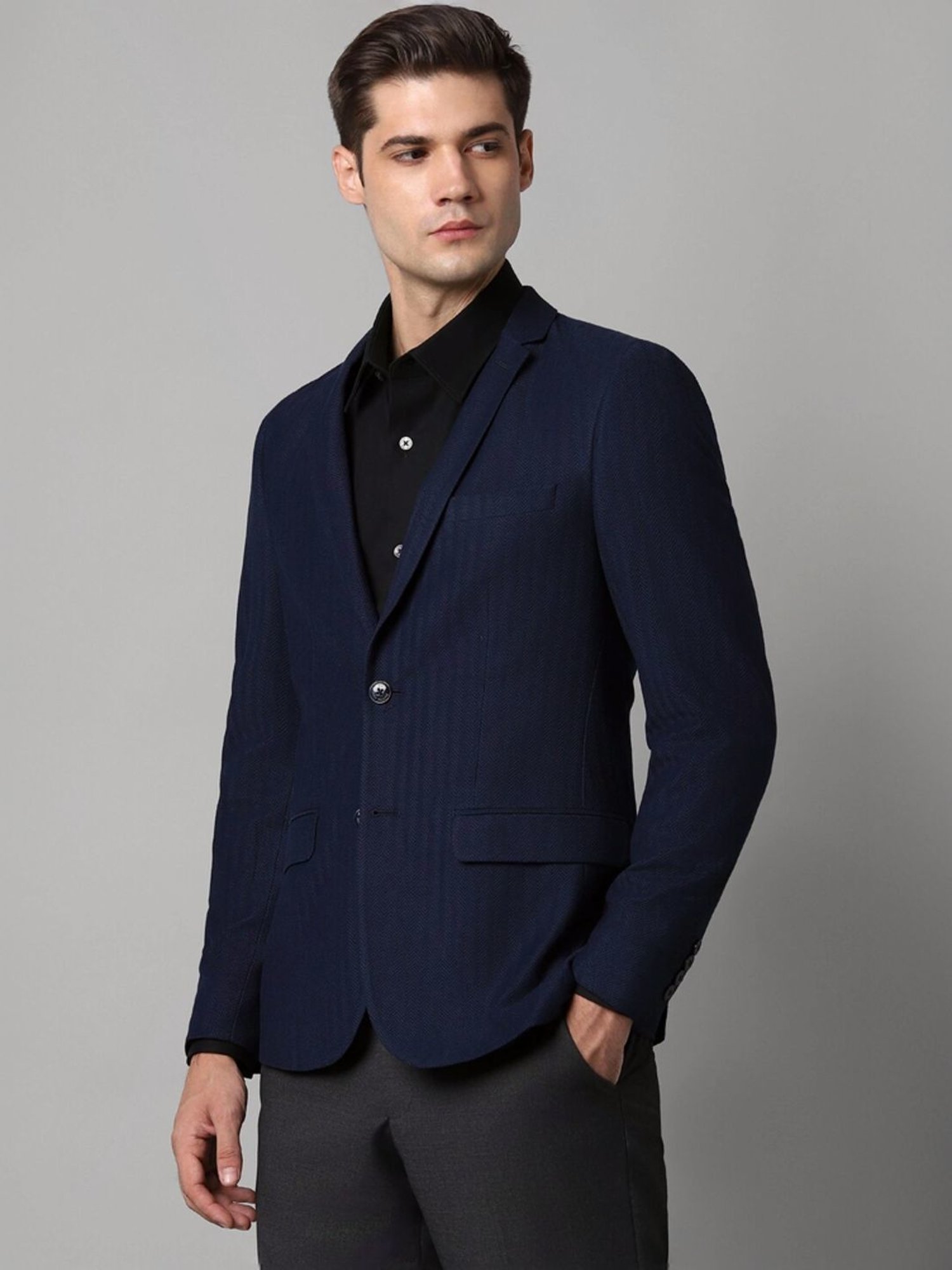 Louis Philippe Navy Cotton Slim Fit Texture Blazer