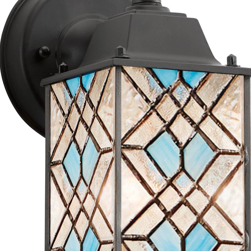 10.25" 1-Light Traditional Satin Outdoor Stained Glass Lantern Wall Sconce Black - River of Goods