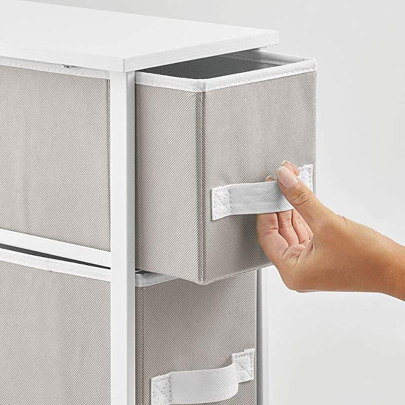 Narrow Vertical Dresser Storage Tower - Sturdy Metal Frame, Wood Top, Easy Pull Fabric Bins - Organizer Unit for Bedroom, Hallway, Entryway, Closet - 4 Drawers - Gray/White